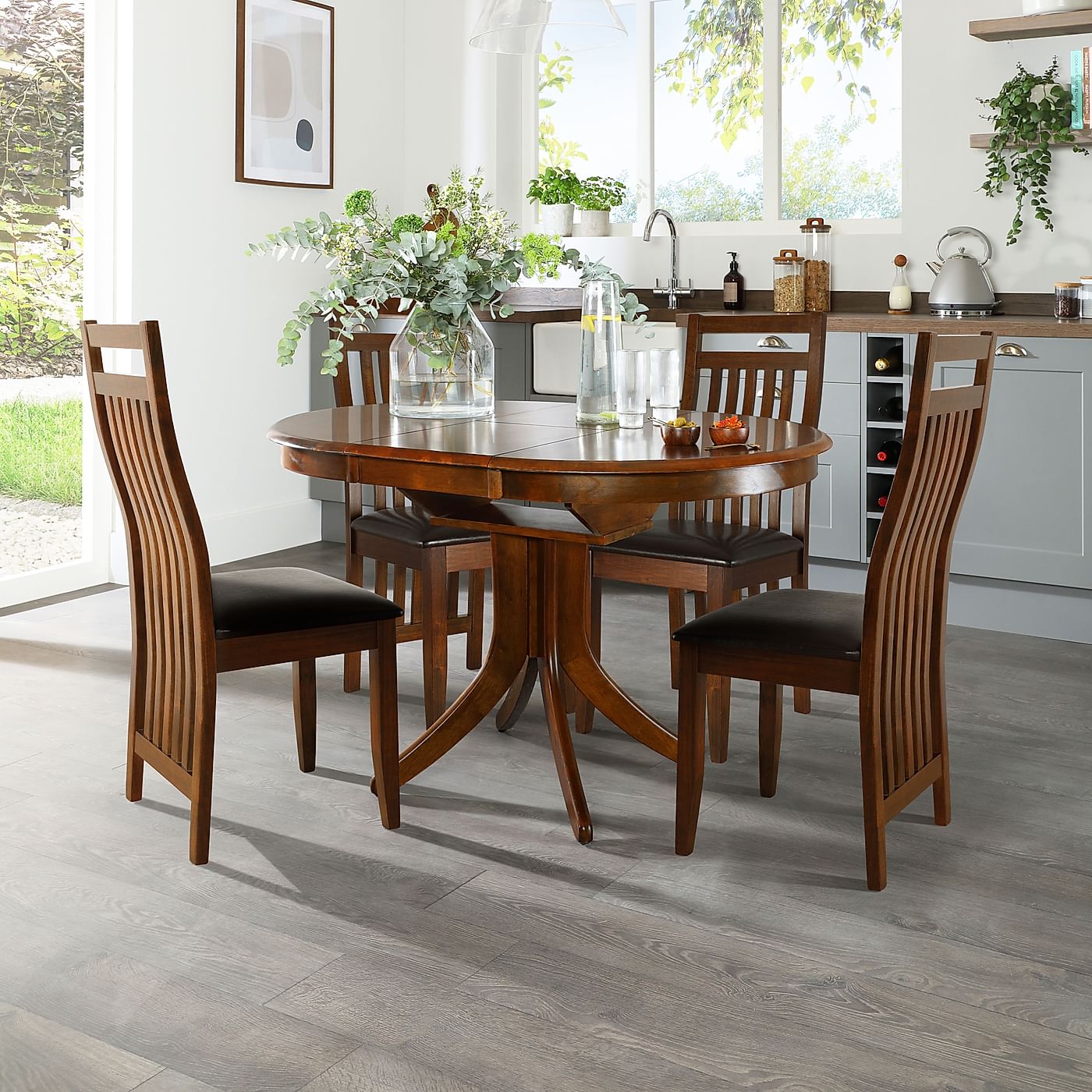 Hudson Round Dark Wood Extending Dining Table With 6 Java Chairs Brown Leather Seat Pads Furniture Choice