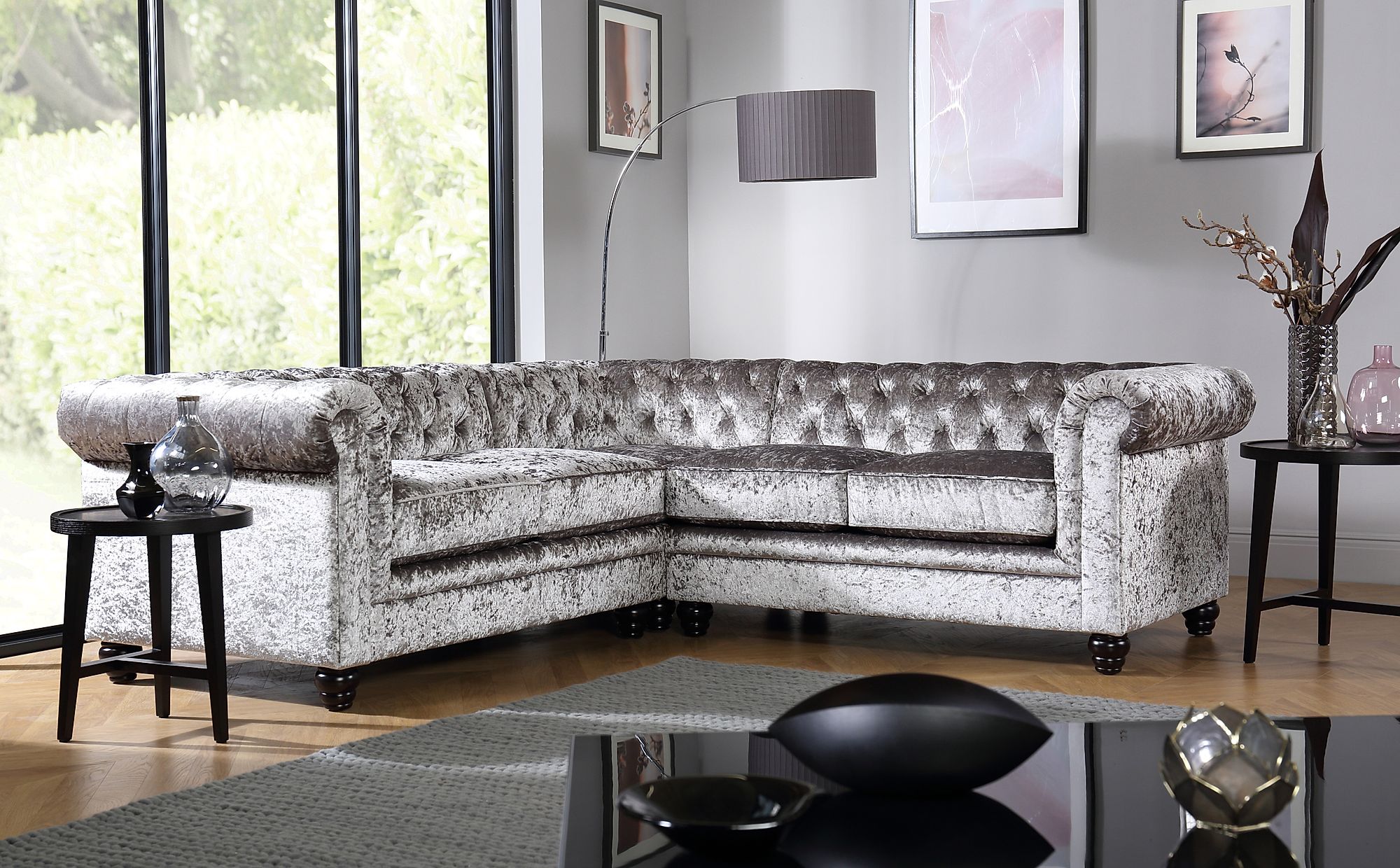 Hampton Silver Crushed Velvet Chesterfield Corner Sofa | Furniture Choice