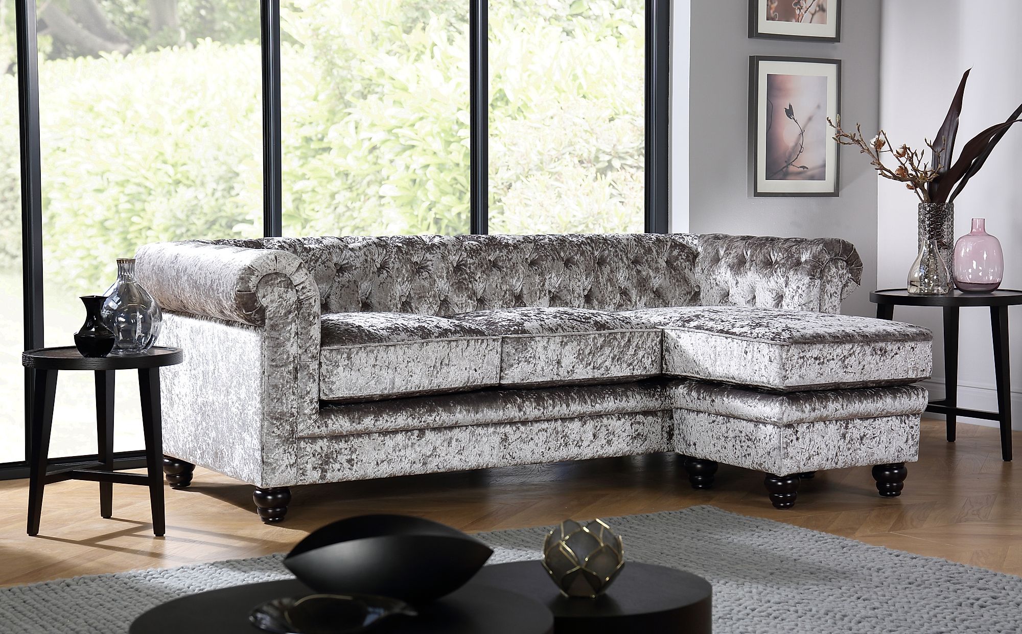 Hampton Silver Crushed Velvet L Shape Chesterfield Corner Sofa