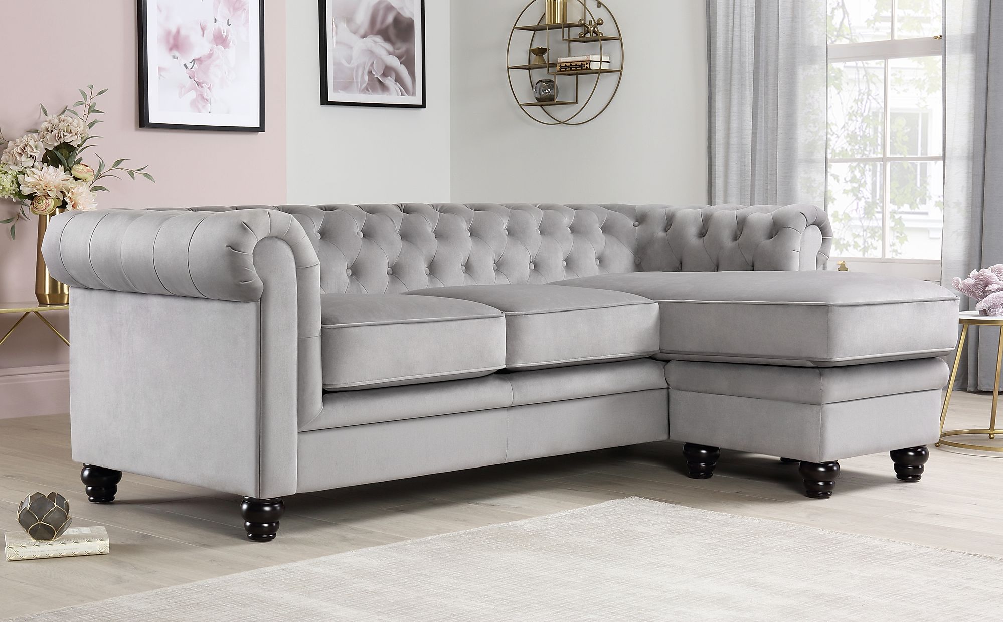 Hampton Grey Velvet L Shape Chesterfield Corner Sofa | Furniture Choice