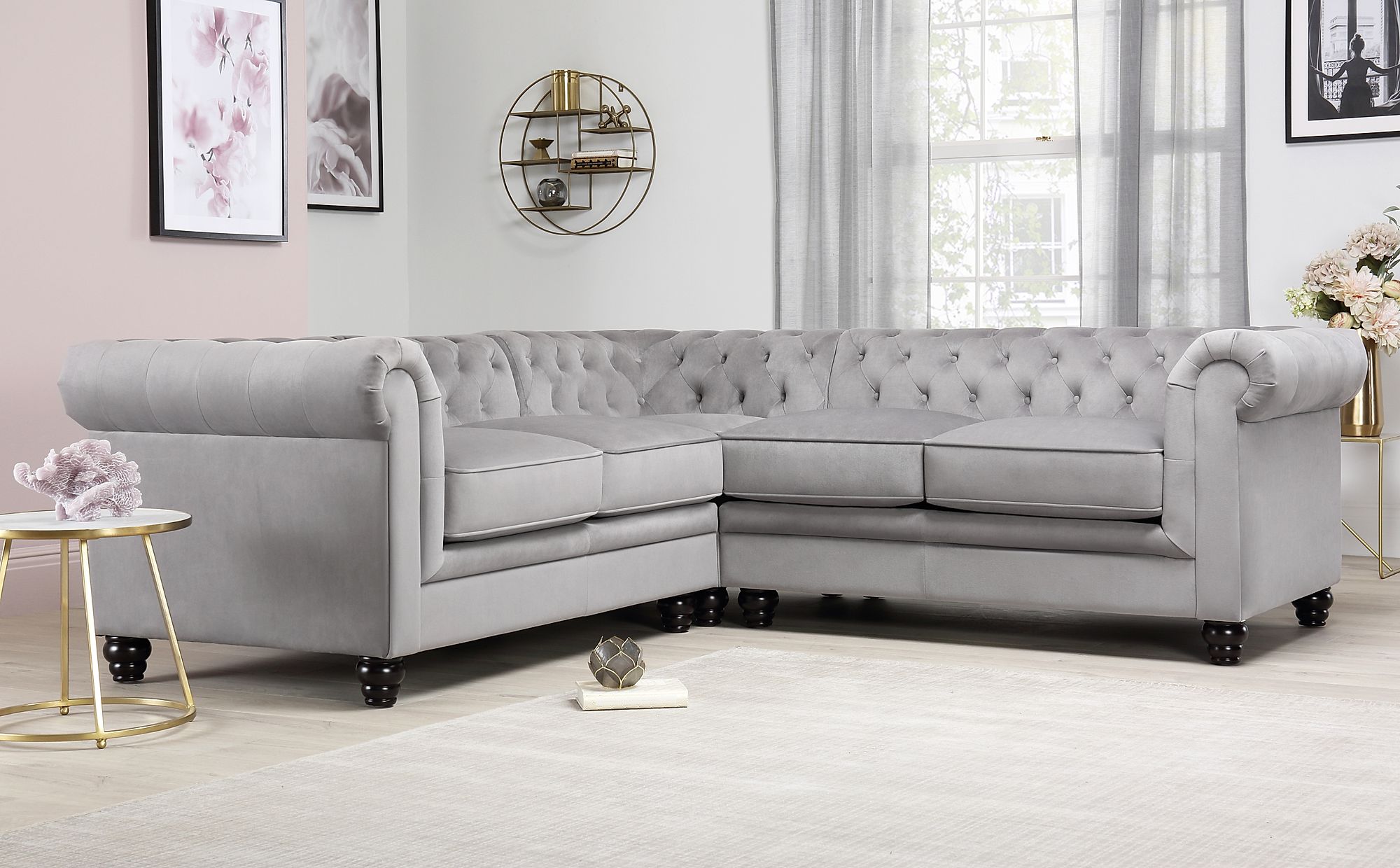 Hampton Grey Velvet Chesterfield Corner Sofa | Furniture Choice