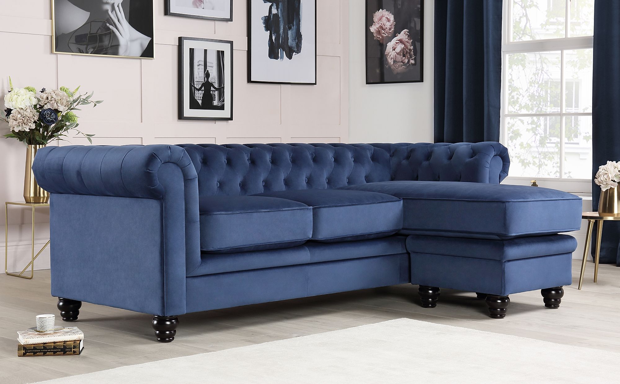 Hampton Blue Velvet L Shape Chesterfield Corner Sofa | Furniture Choice