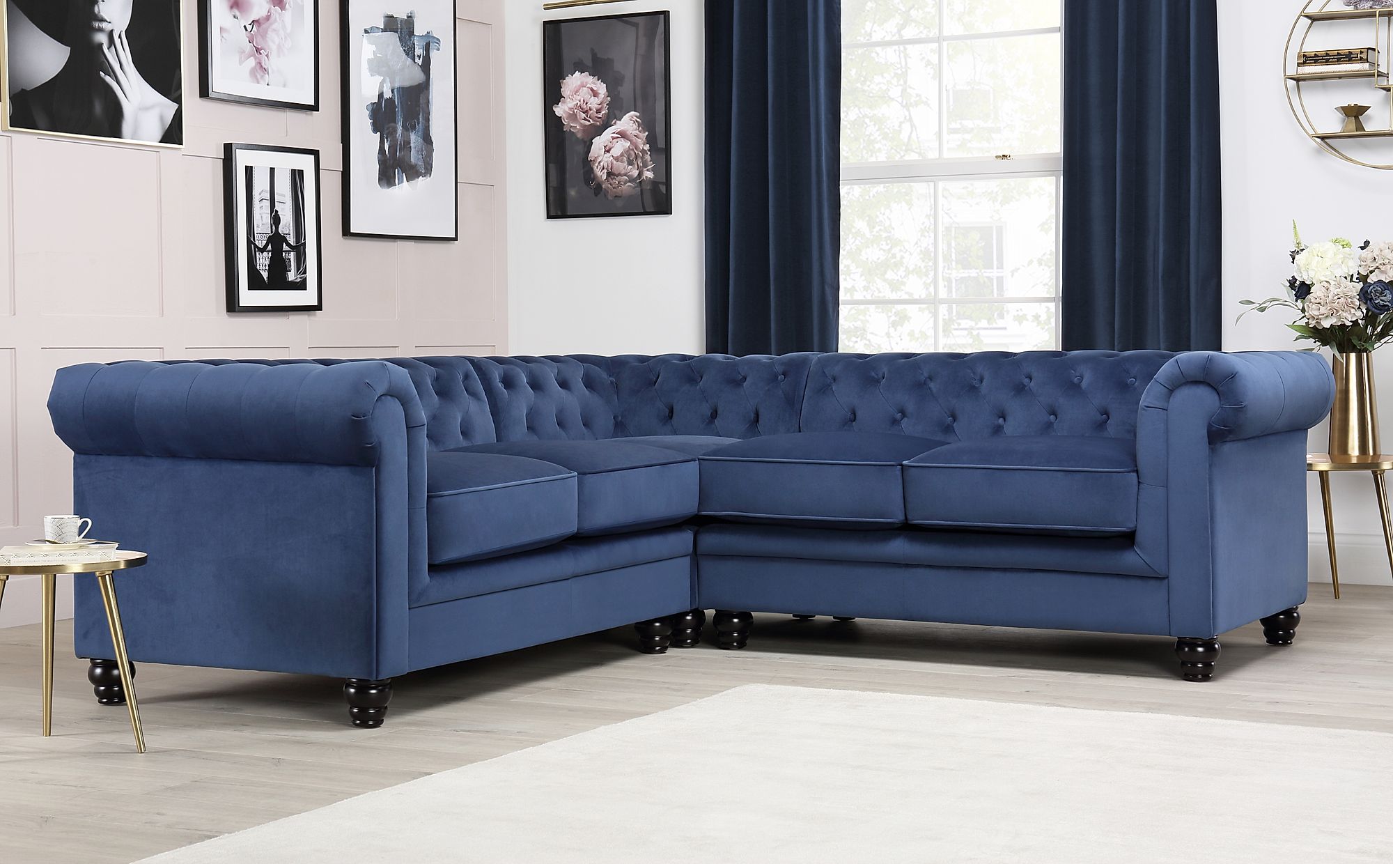 Hampton Blue Velvet Chesterfield Corner Sofa | Furniture Choice