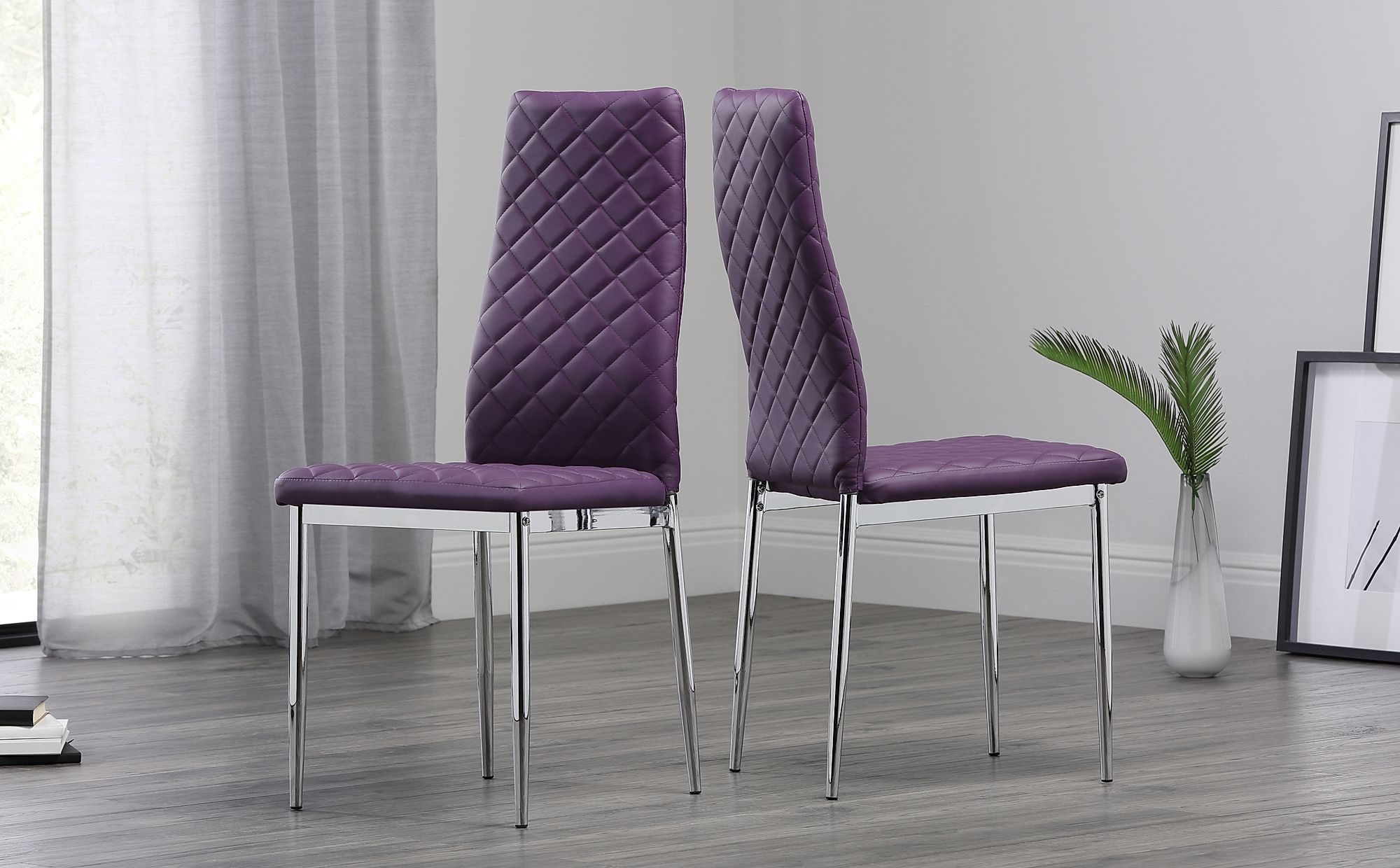 Renzo Purple Leather Dining Chair Chrome Leg Furniture