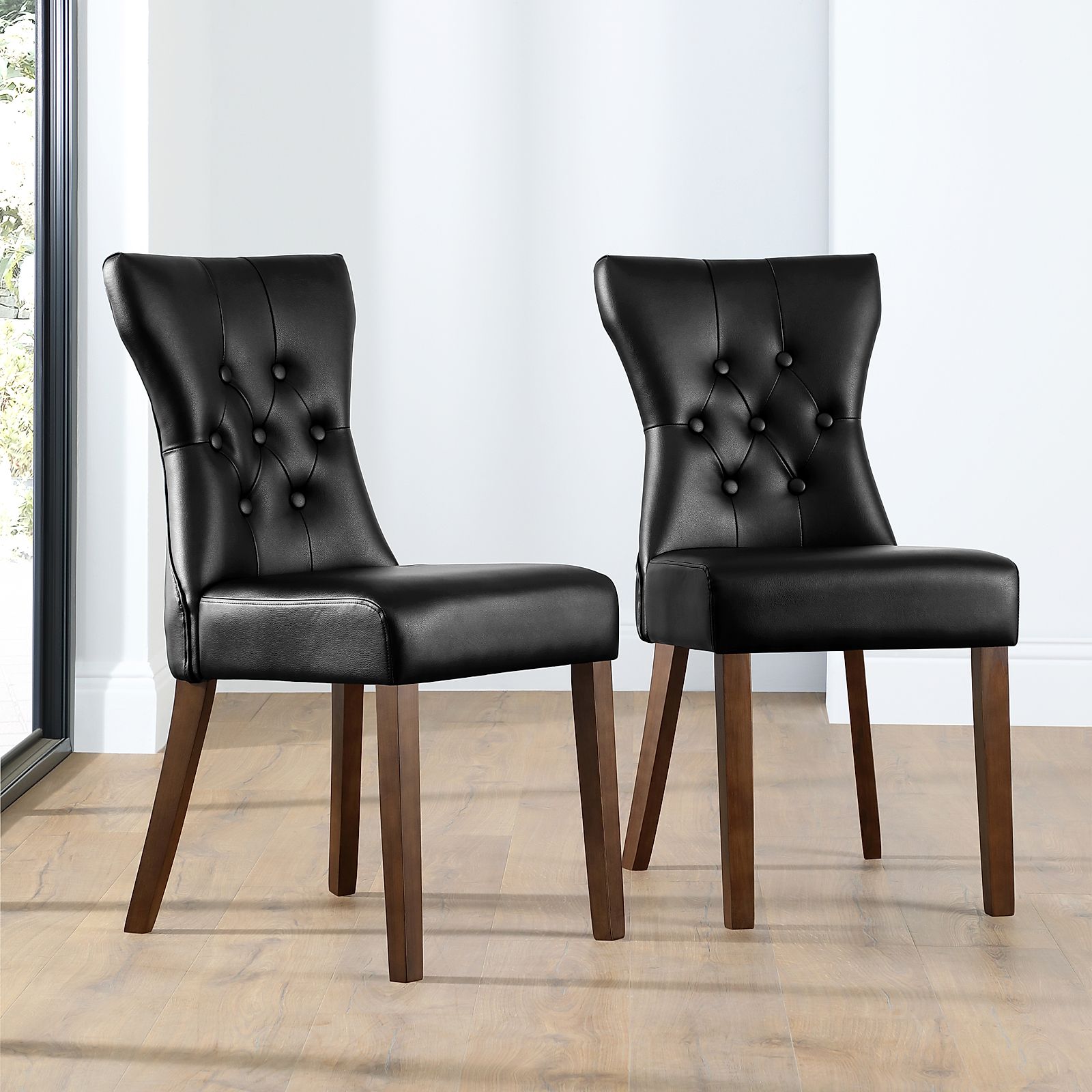 Bewley Black Leather Button Back Dining Chair (Dark Leg) | Furniture Choice