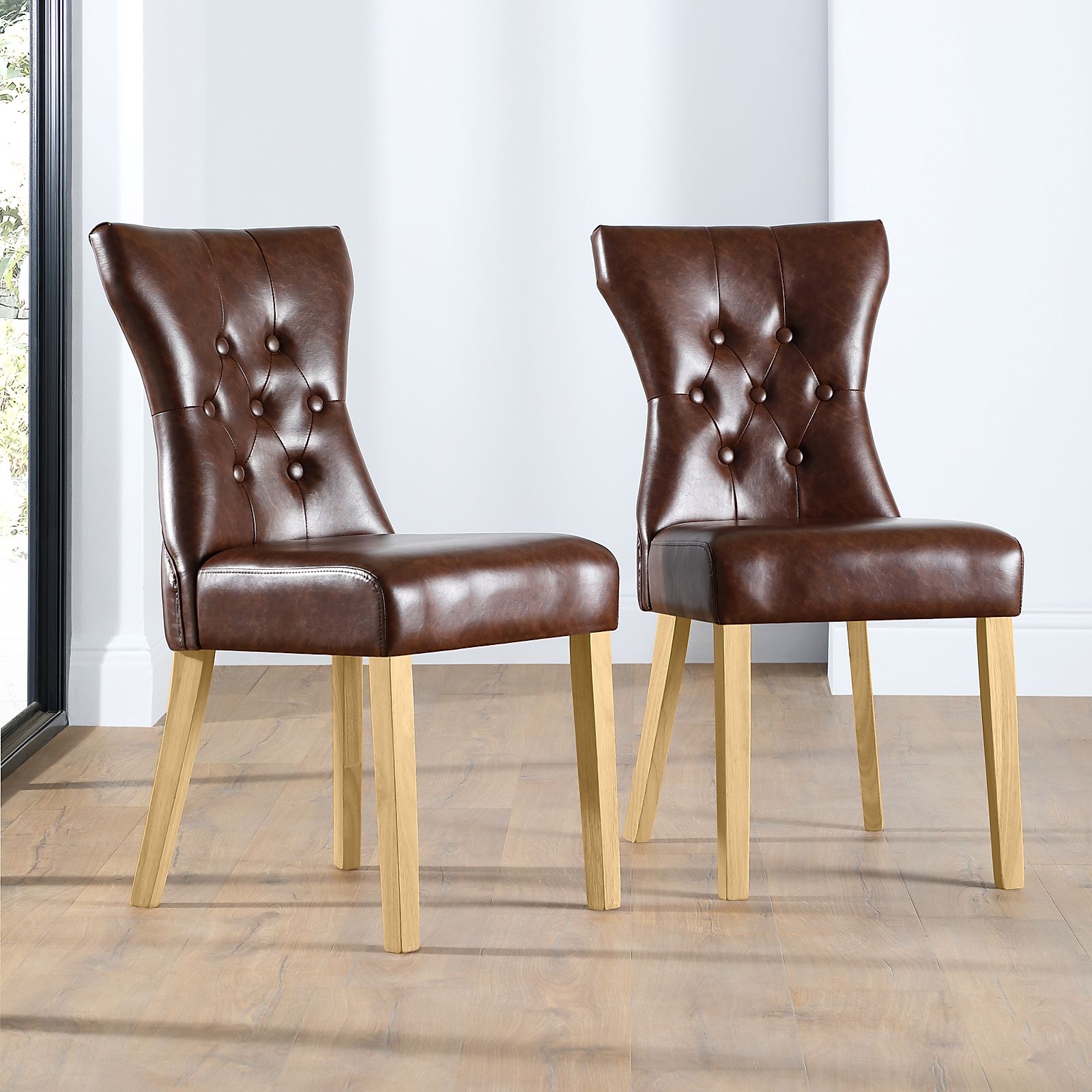 Bewley Club Brown Leather Button Back Dining Chair (Oak