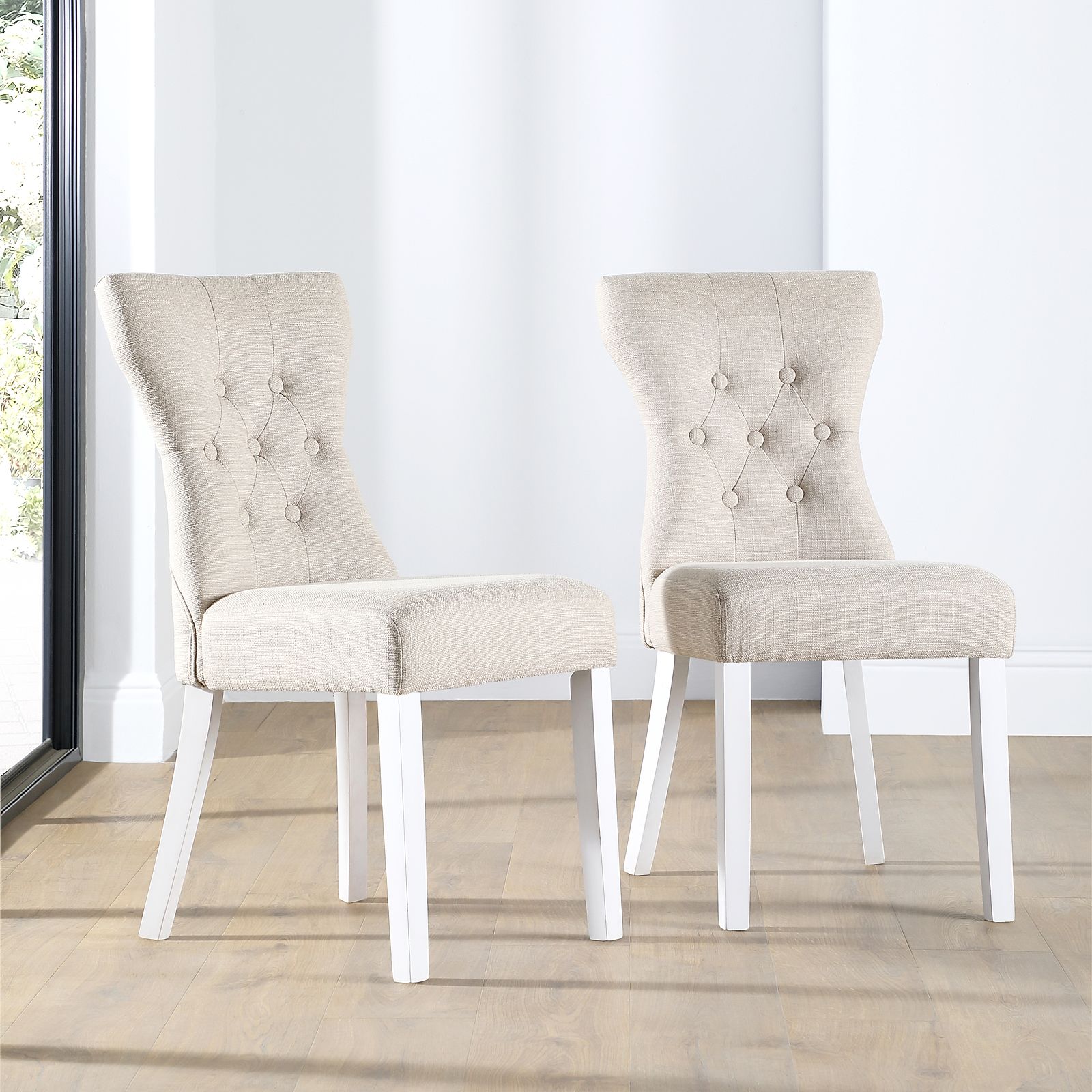 Bewley Oatmeal Fabric Button Back Dining Chair (White Leg) | Furniture