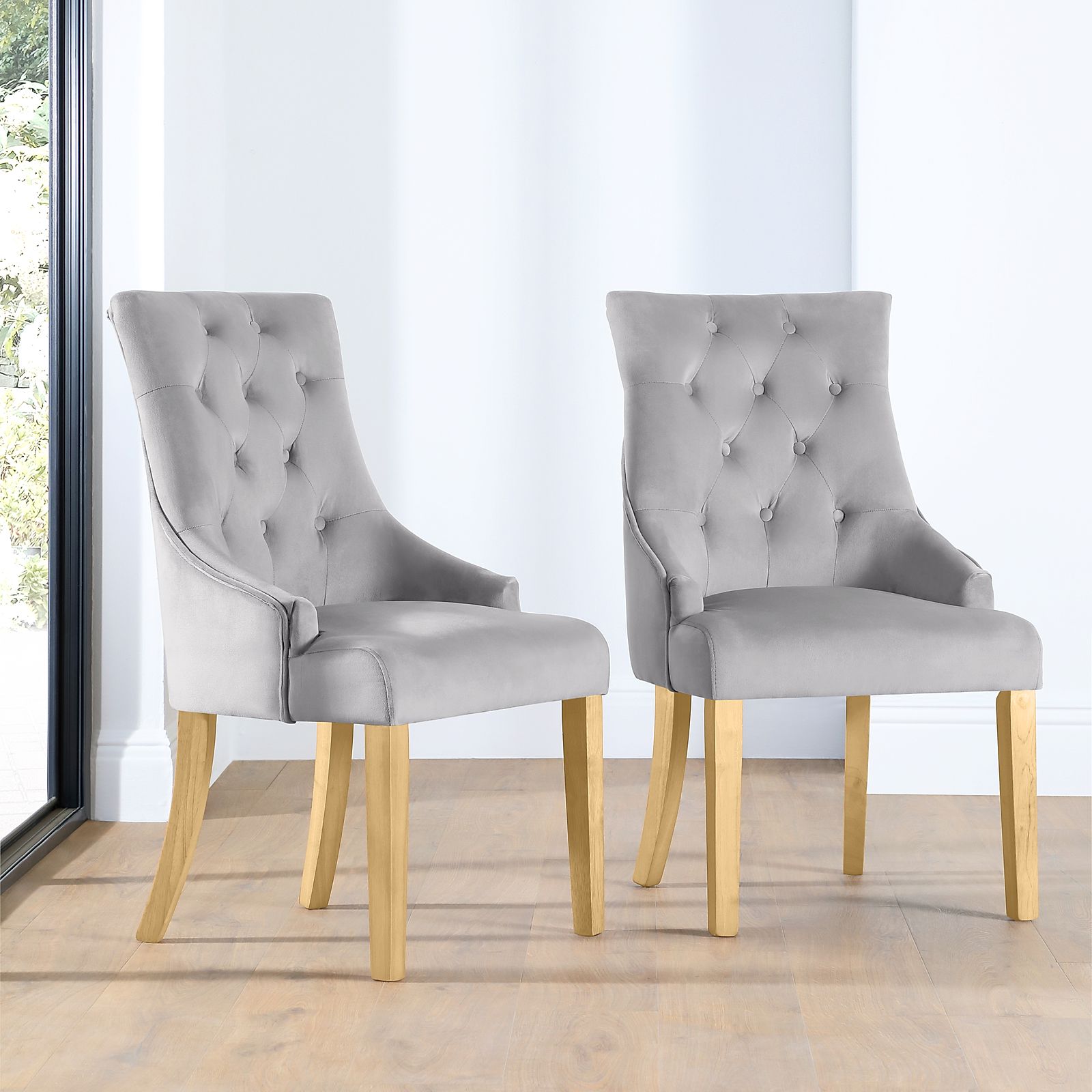 Duke Grey Velvet Button Back Dining Chair (Oak Leg) | Furniture Choice