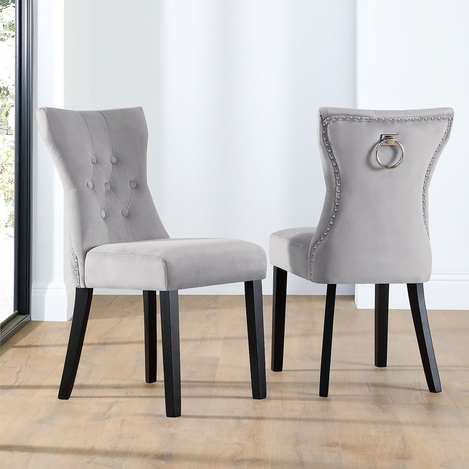 Kensington Grey Velvet Button Back Dining Chair (Black Leg