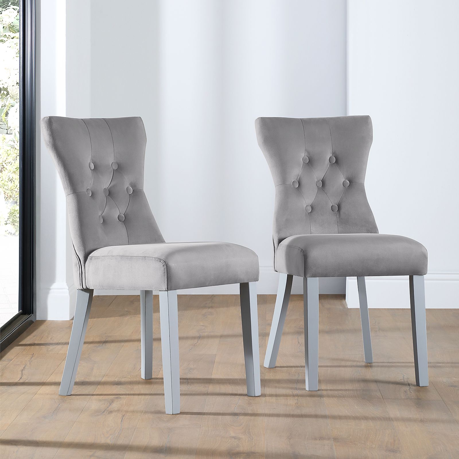 Bewley Grey Velvet Button Back Dining Chair Grey Leg | Furniture Choice