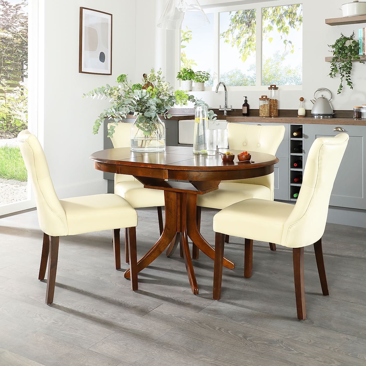 Hudson Round Dark Wood Extending Dining Table with 6 Bewley Ivory