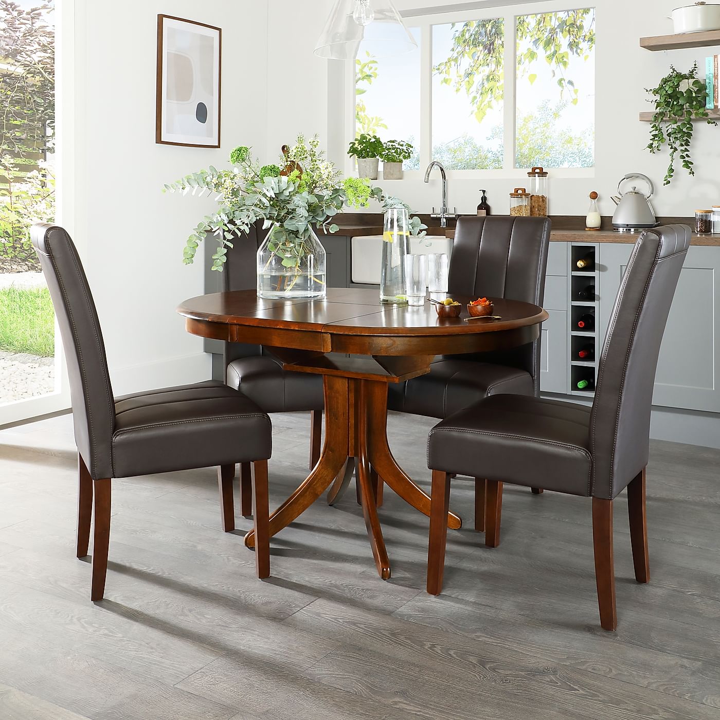 Hudson Round Dark Wood Extending Dining Table With 4 Carrick Brown