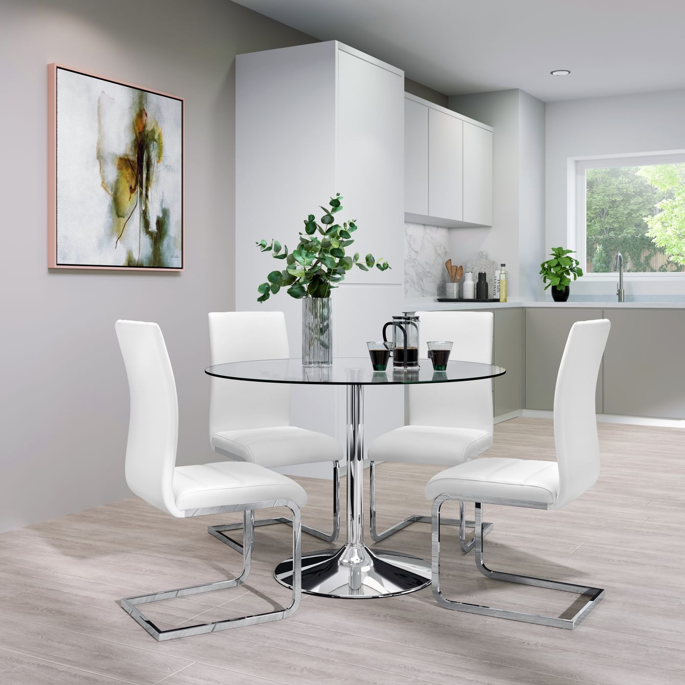 Orbit Round Chrome and Glass Dining Table with 4 Perth White Leather