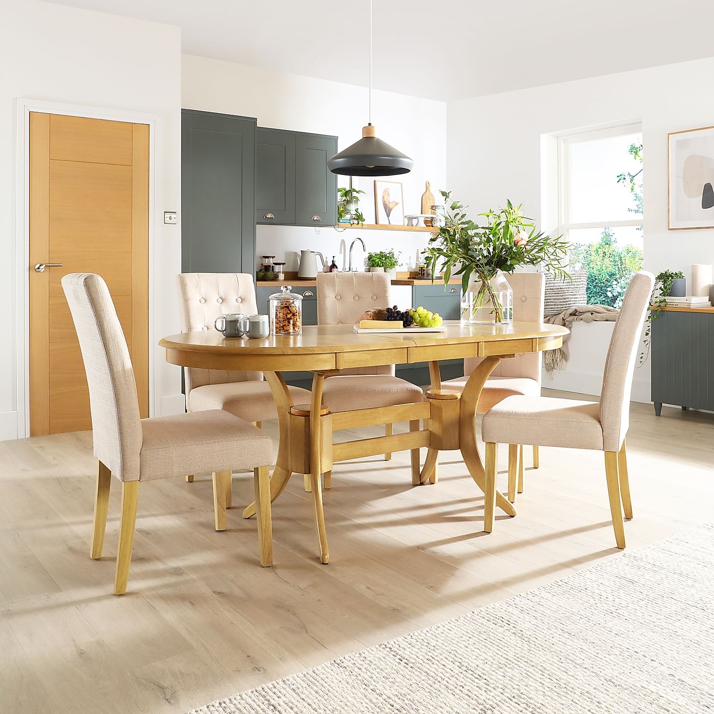 Townhouse Oval Oak Extending Dining Table with 6 Regent Oatmeal Fabric