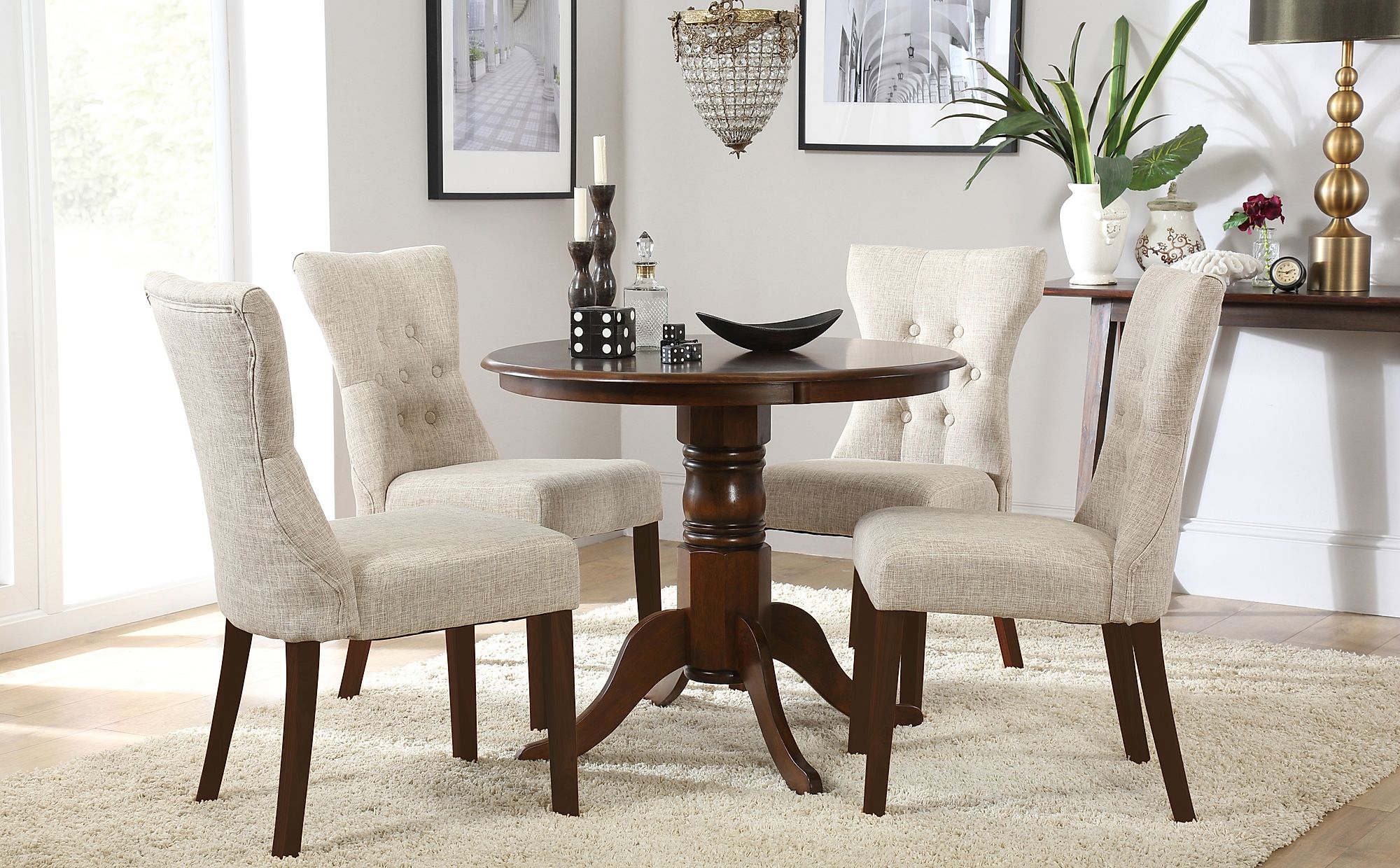 Kingston Round Dark Wood Dining Table With 4 Bewley Oatmeal Fabric
