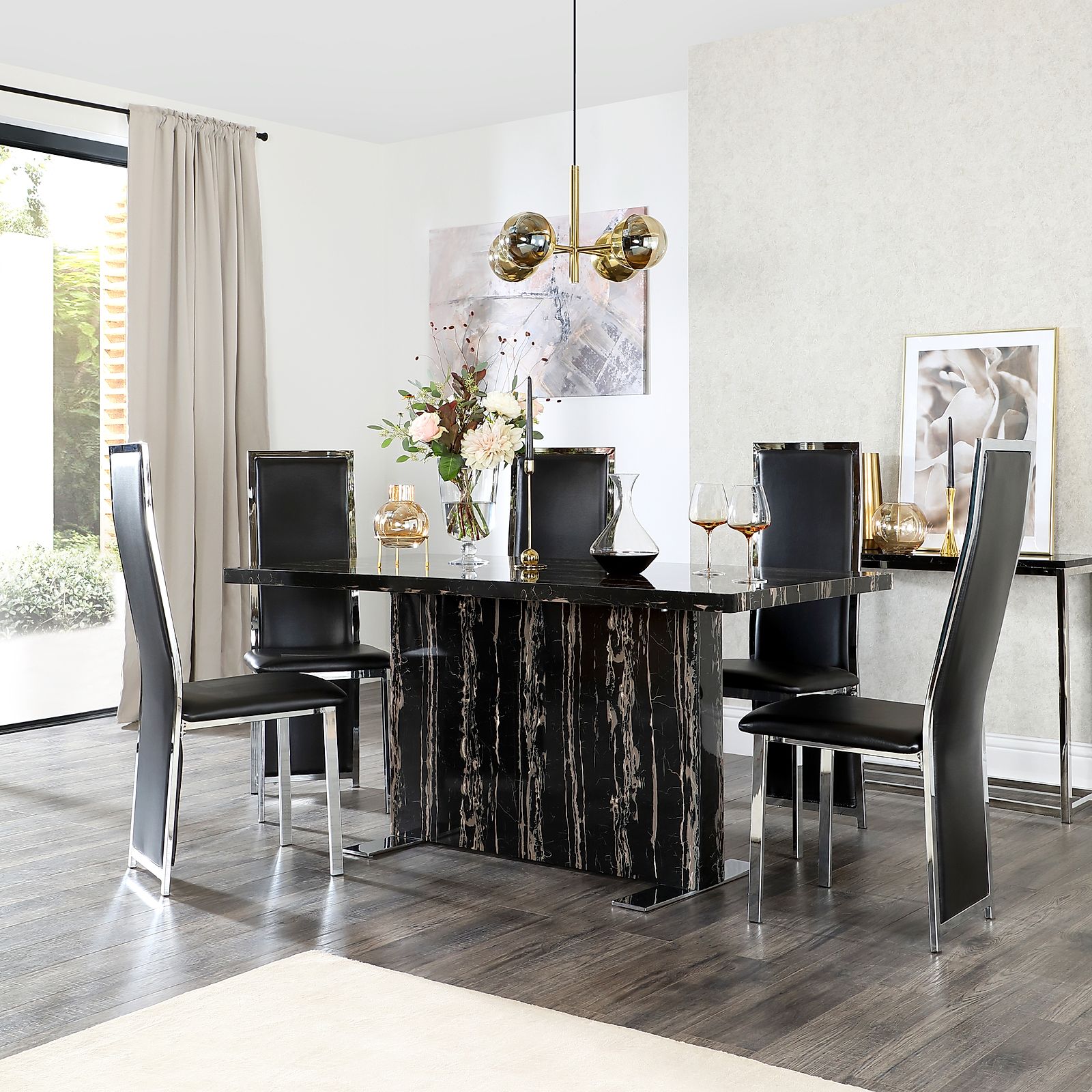 Magnus Black Marble Dining Table with 6 Celeste Black Leather Chairs