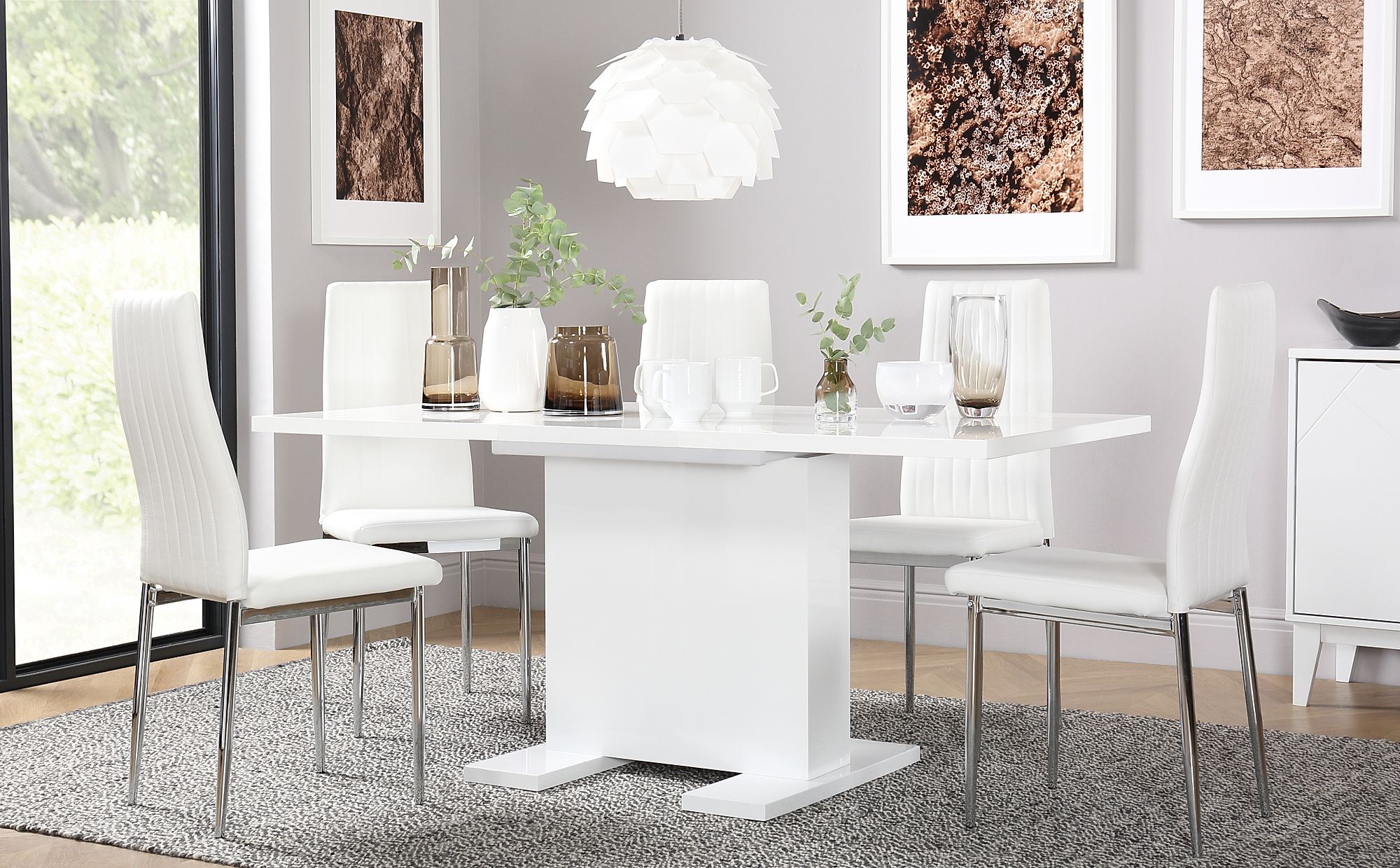 Osaka White High Gloss Extending Dining Table with 6 Leon White Leather