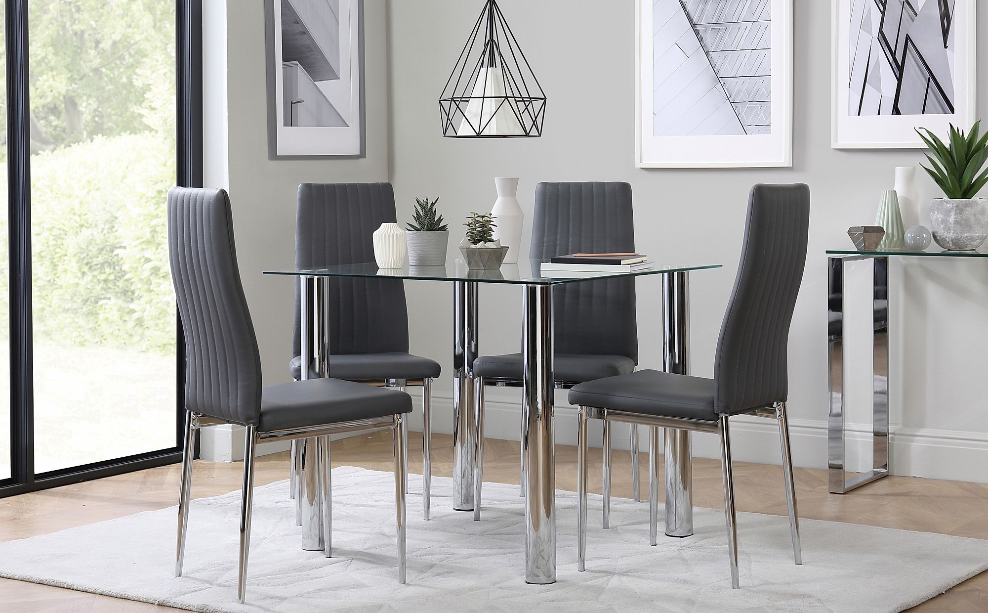 Nova Square Glass and Chrome Dining Table with 4 Leon Grey 