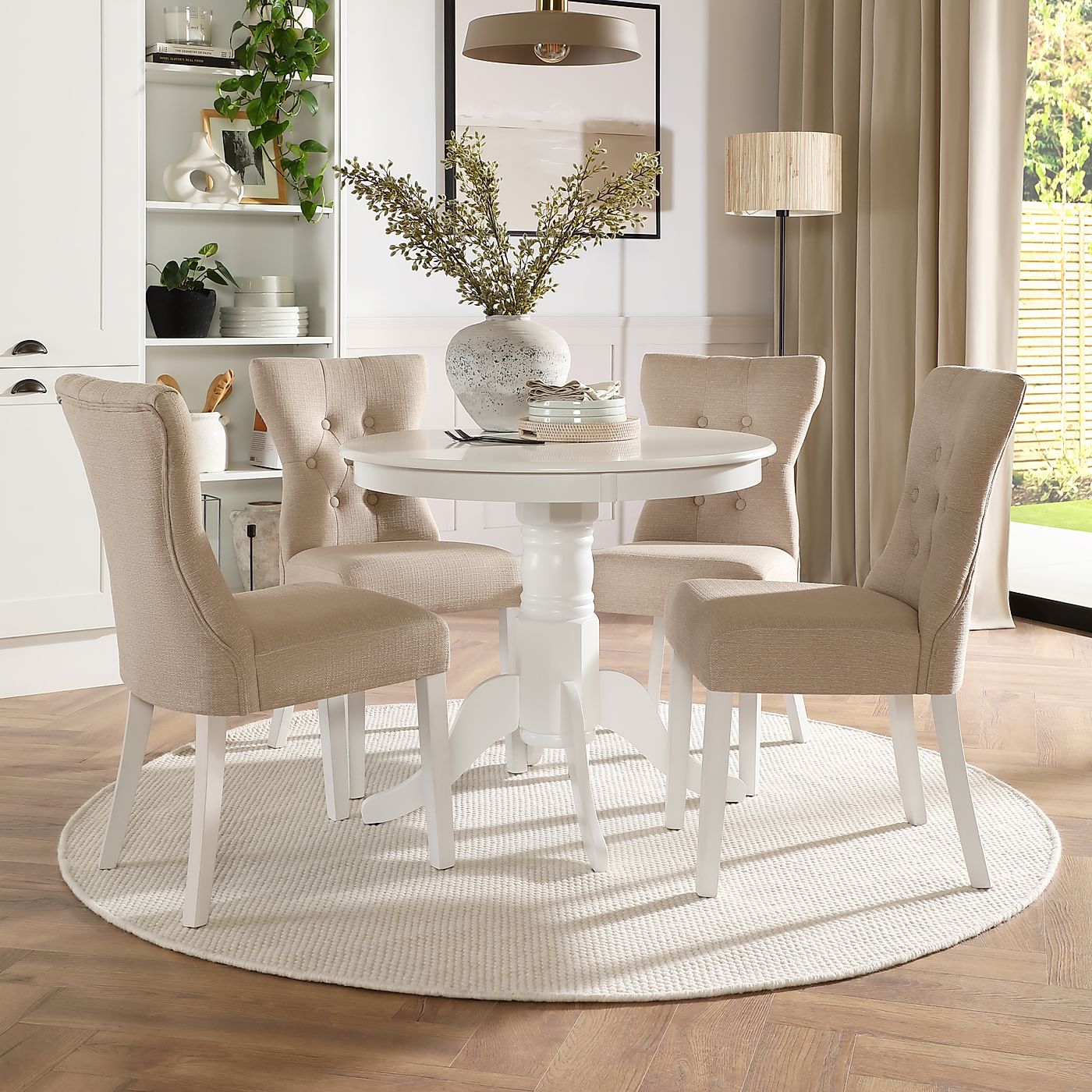 Kingston Round White Dining Table with 4 Bewley Oatmeal ...