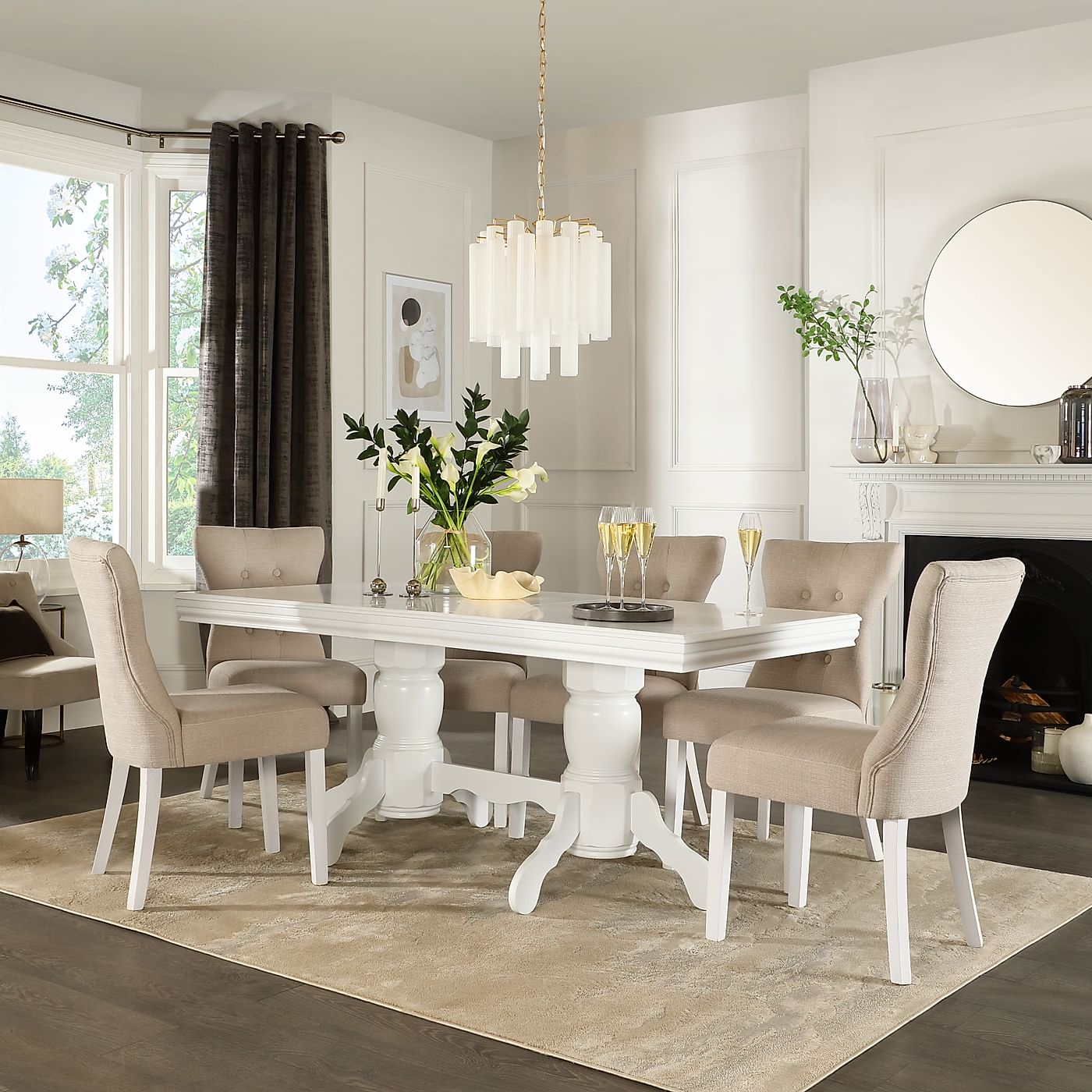 Chatsworth White Extending Dining Table with 6 Bewley Oatmeal Fabric Chairs | Furniture Choice