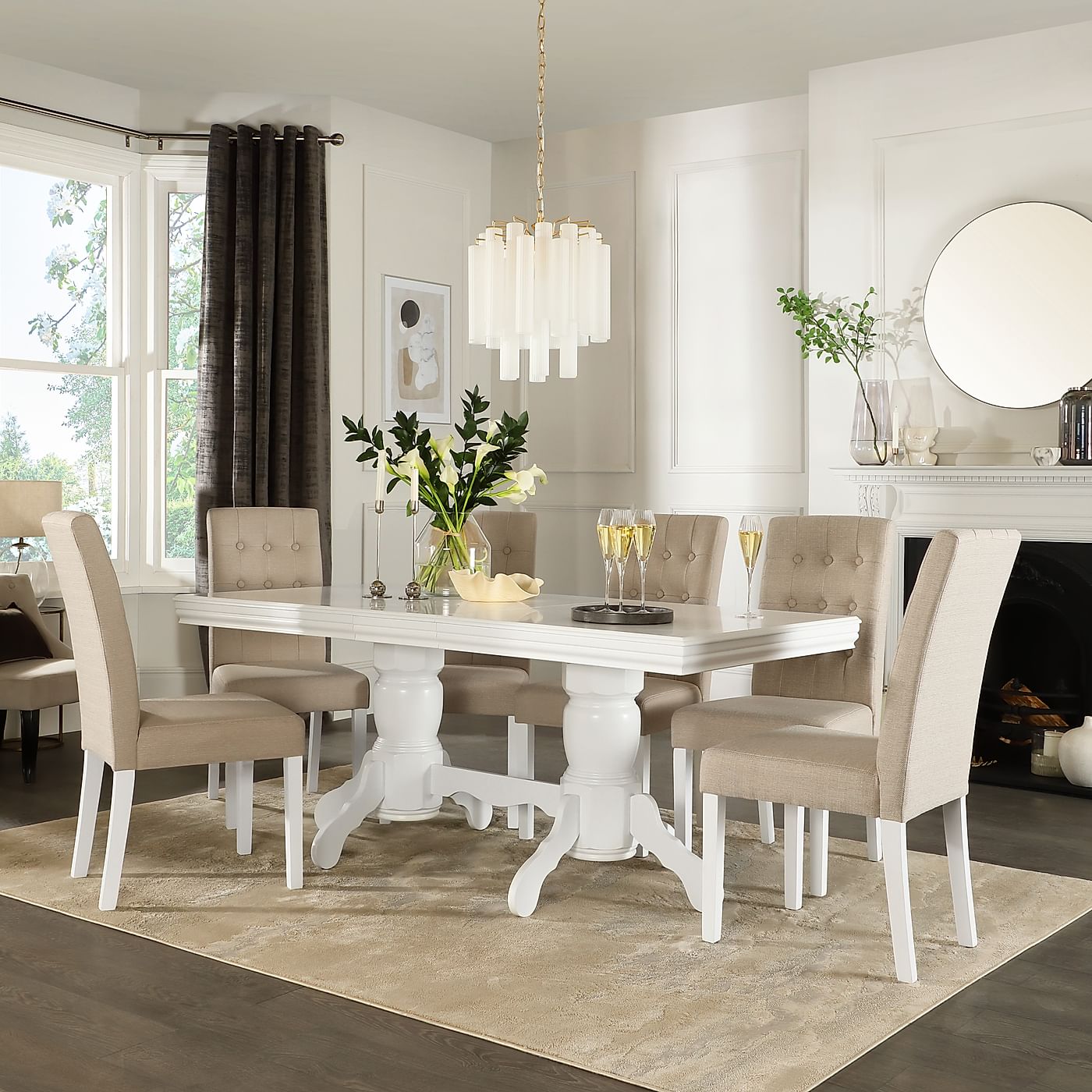 Chatsworth White Extending Dining Table with 6 Regent Oatmeal Chairs
