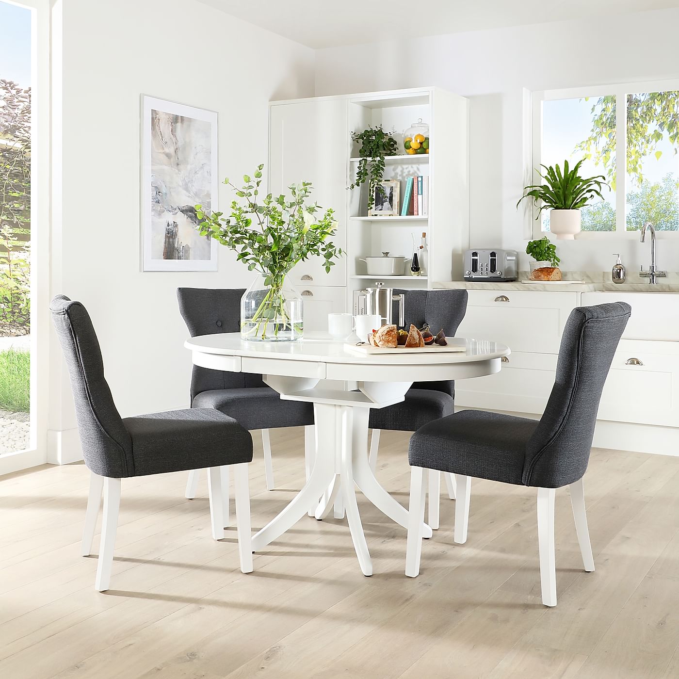Hudson Round White Extending Dining Table with 6 Bewley Slate Fabric