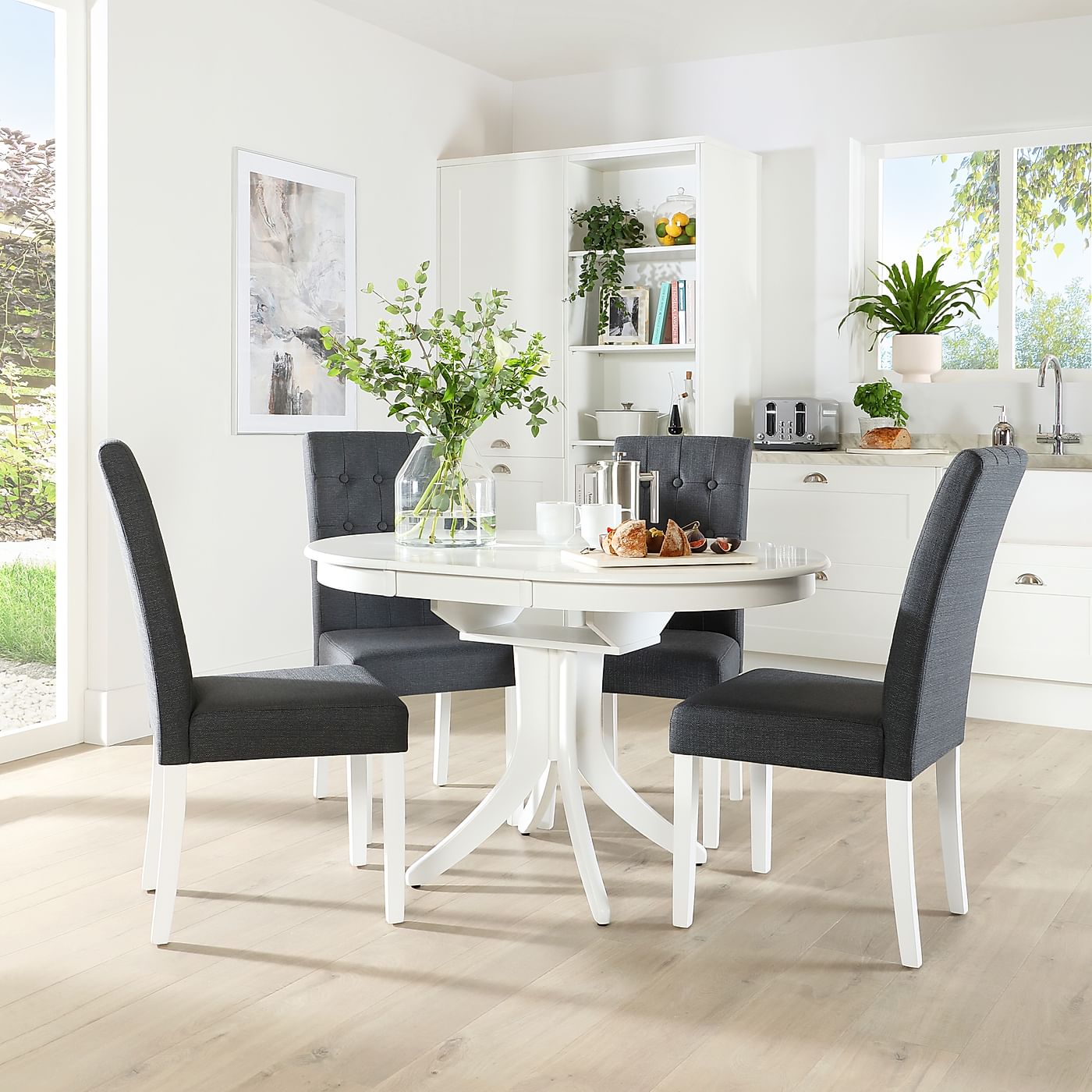 Hudson Round White Extending Dining Table with 6 Regent Slate Fabric