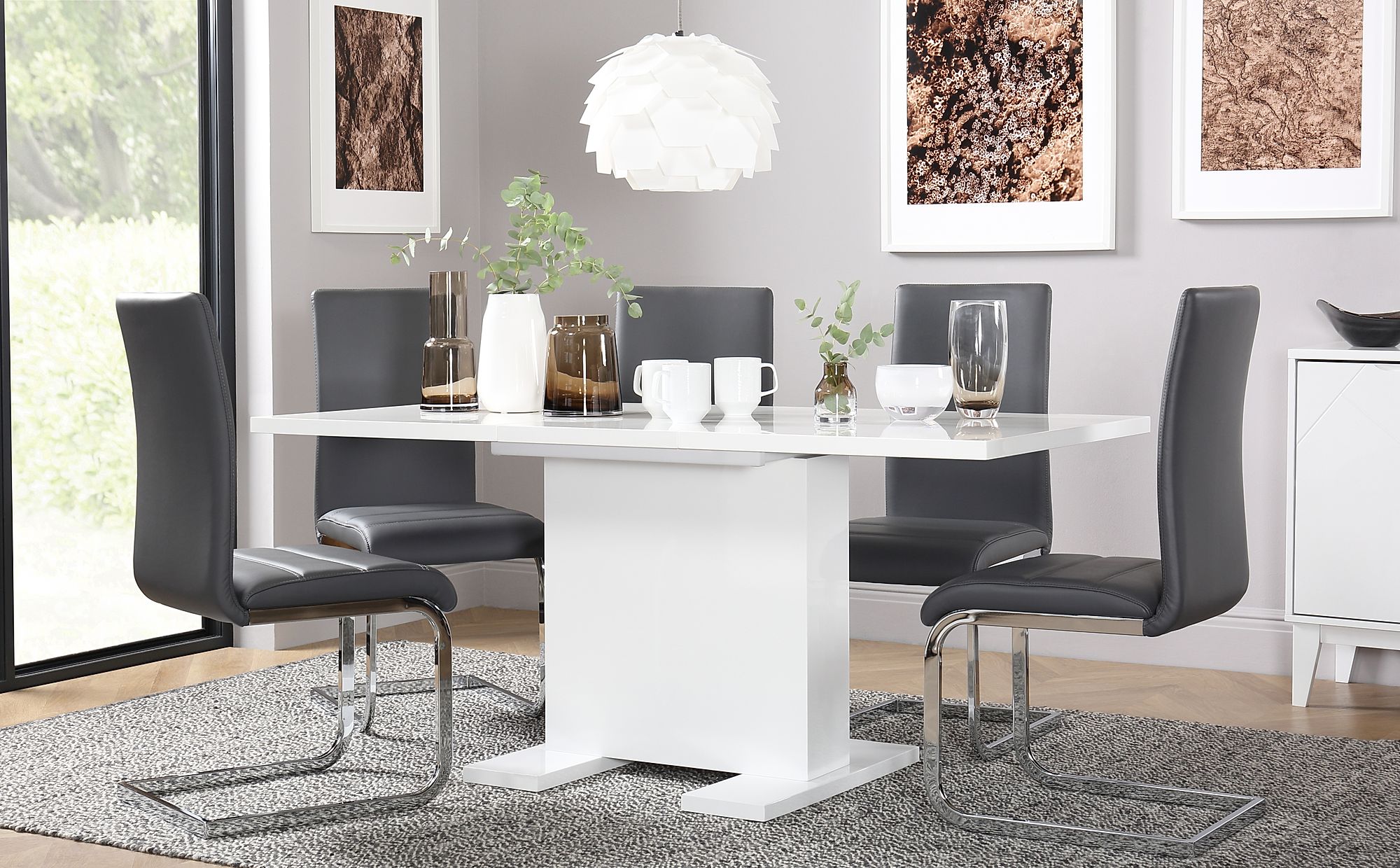 Osaka White High Gloss Extending Dining Table With 6 Perth Grey