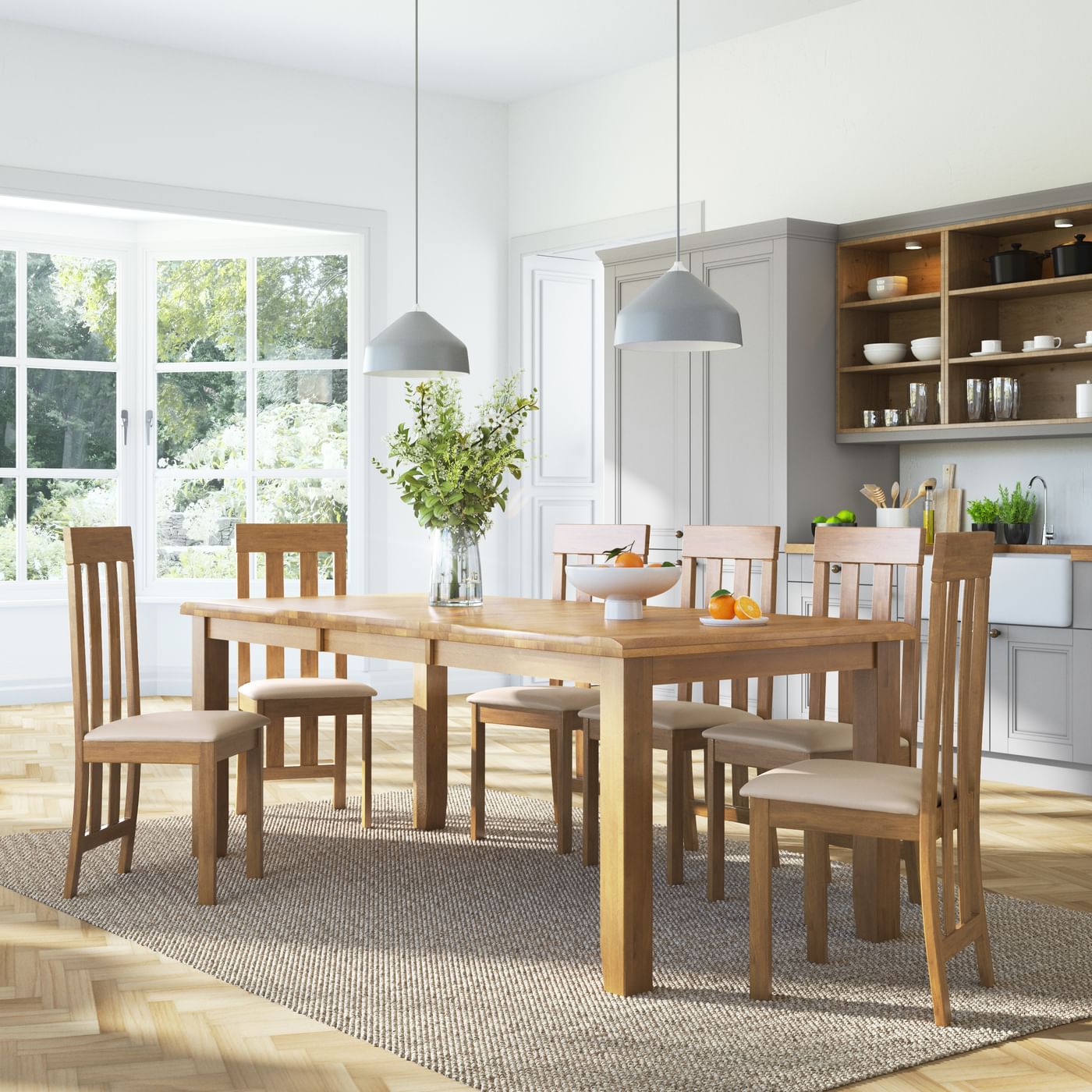 Highbury Oak Extending Dining Table with 6 Chester Chairs (Ivory