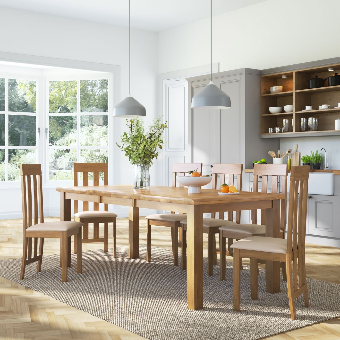 Highbury Oak Extending Dining Table with 8 Chester Chairs (Ivory Leather Seat Pads) | Furniture ...