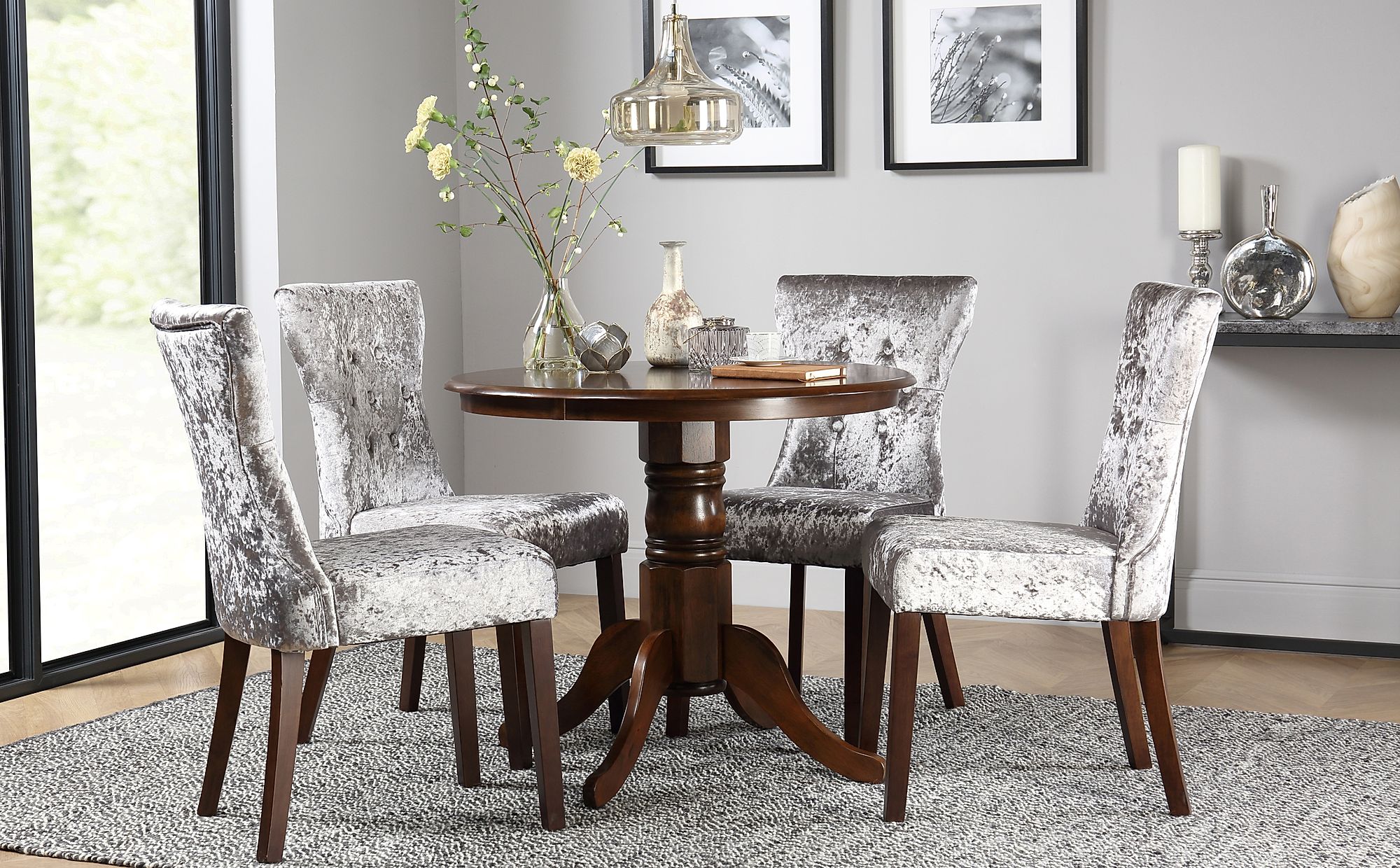 Kingston Round Dark Wood Dining Table & 4 Bewley Silver ...