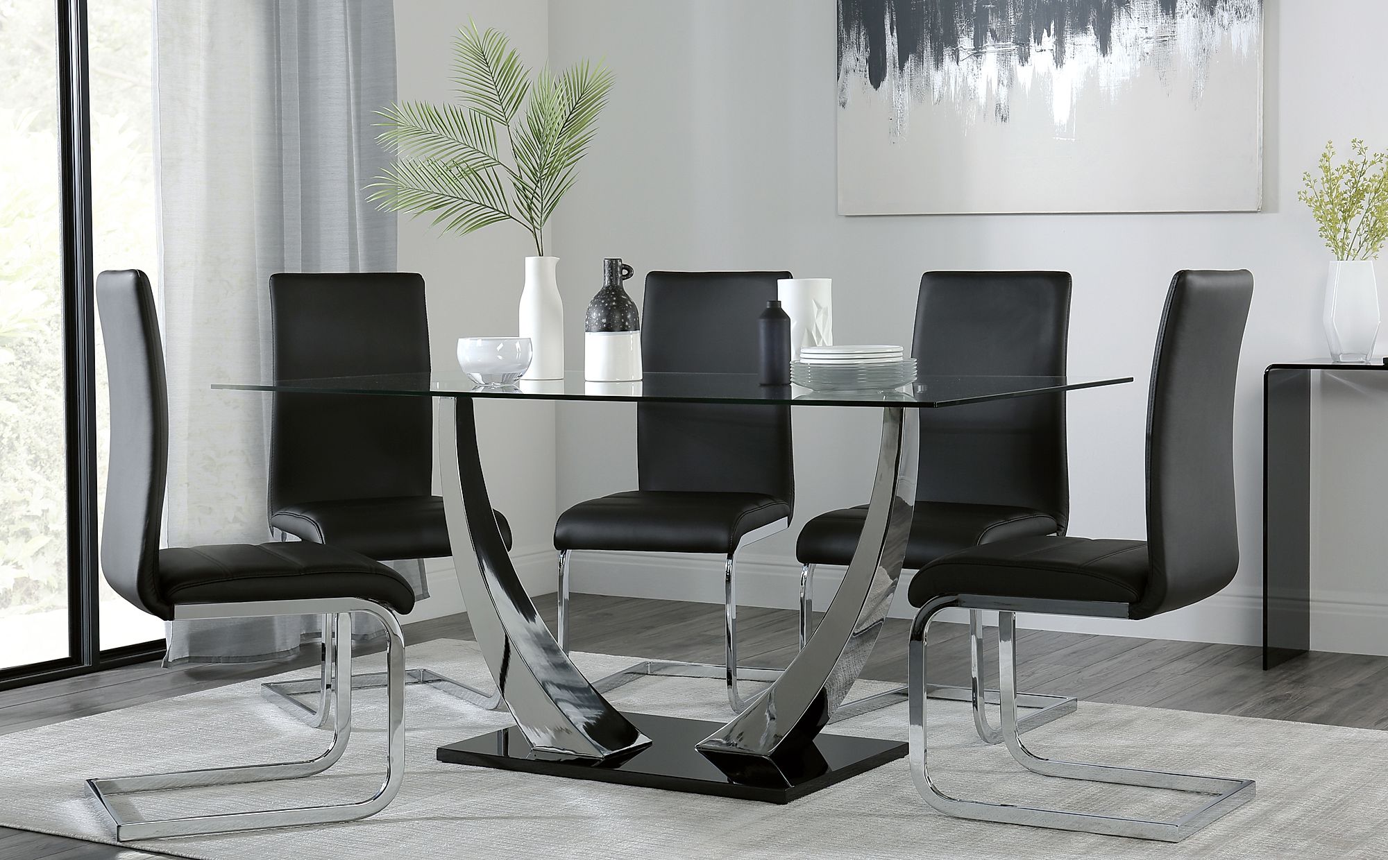 Peake Glass and Chrome Dining Table (Black Gloss Base ...