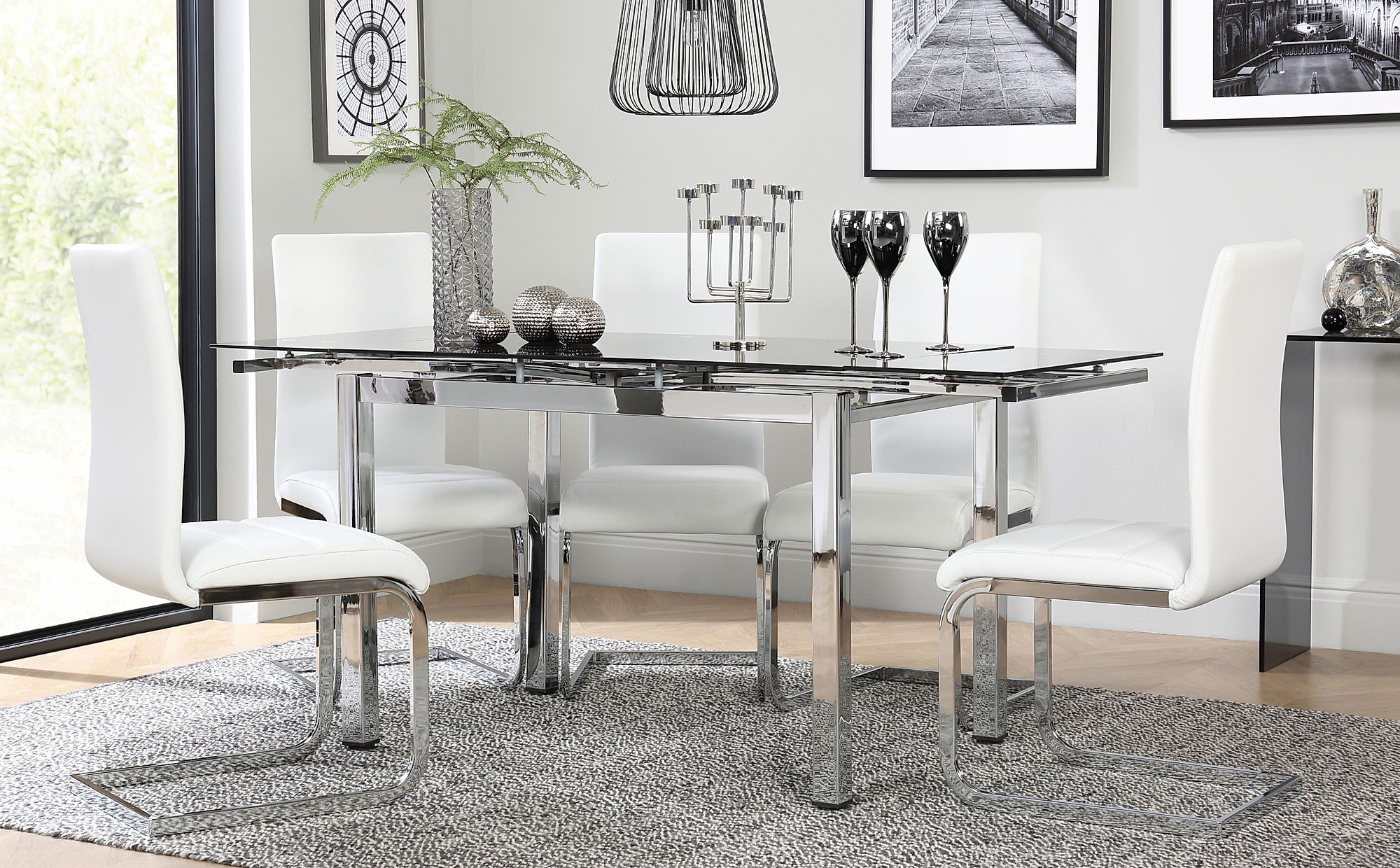 Space Chrome And Black Glass Extending Dining Table With 6 Perth