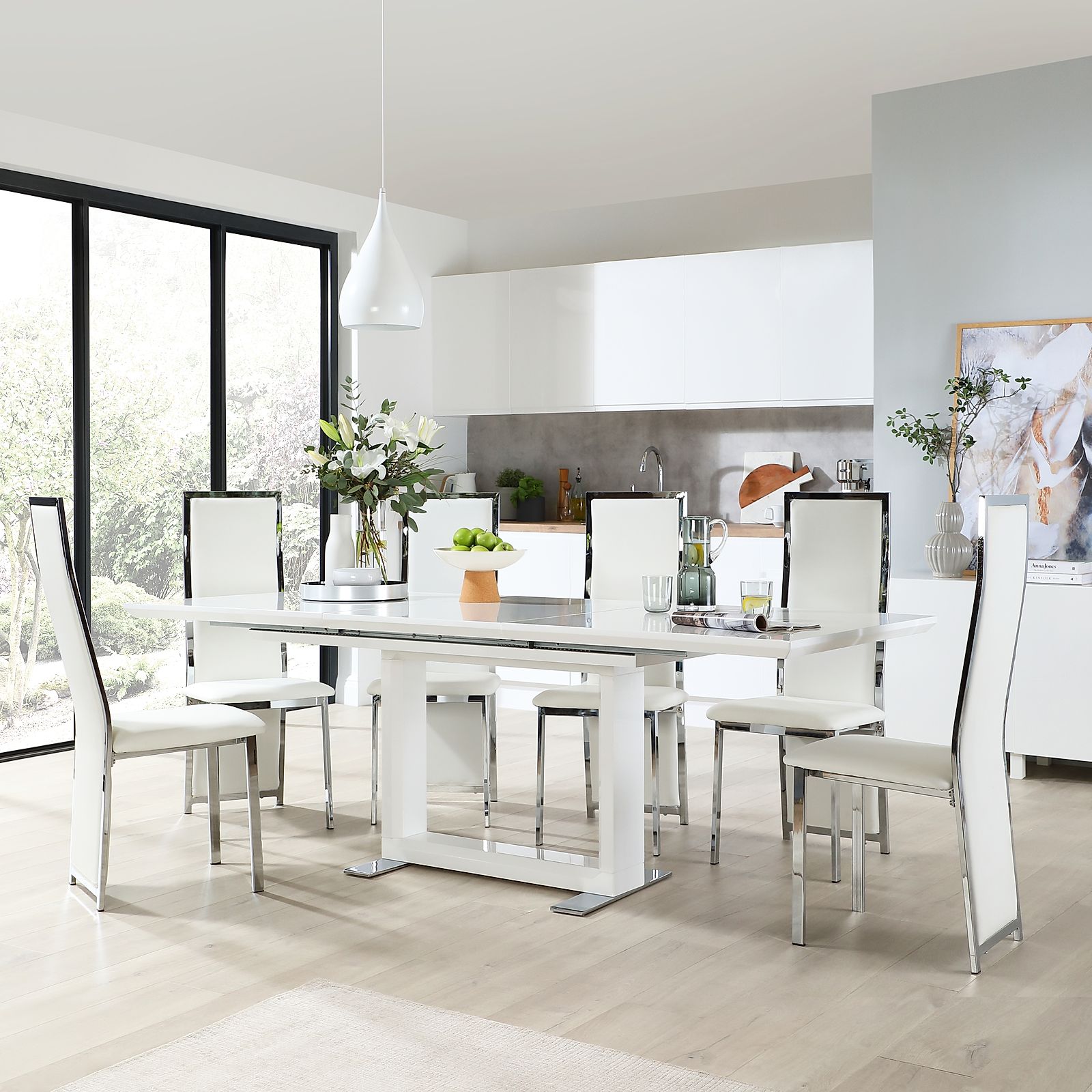 Tokyo White High Gloss Extending Dining Table with 4 Celeste White