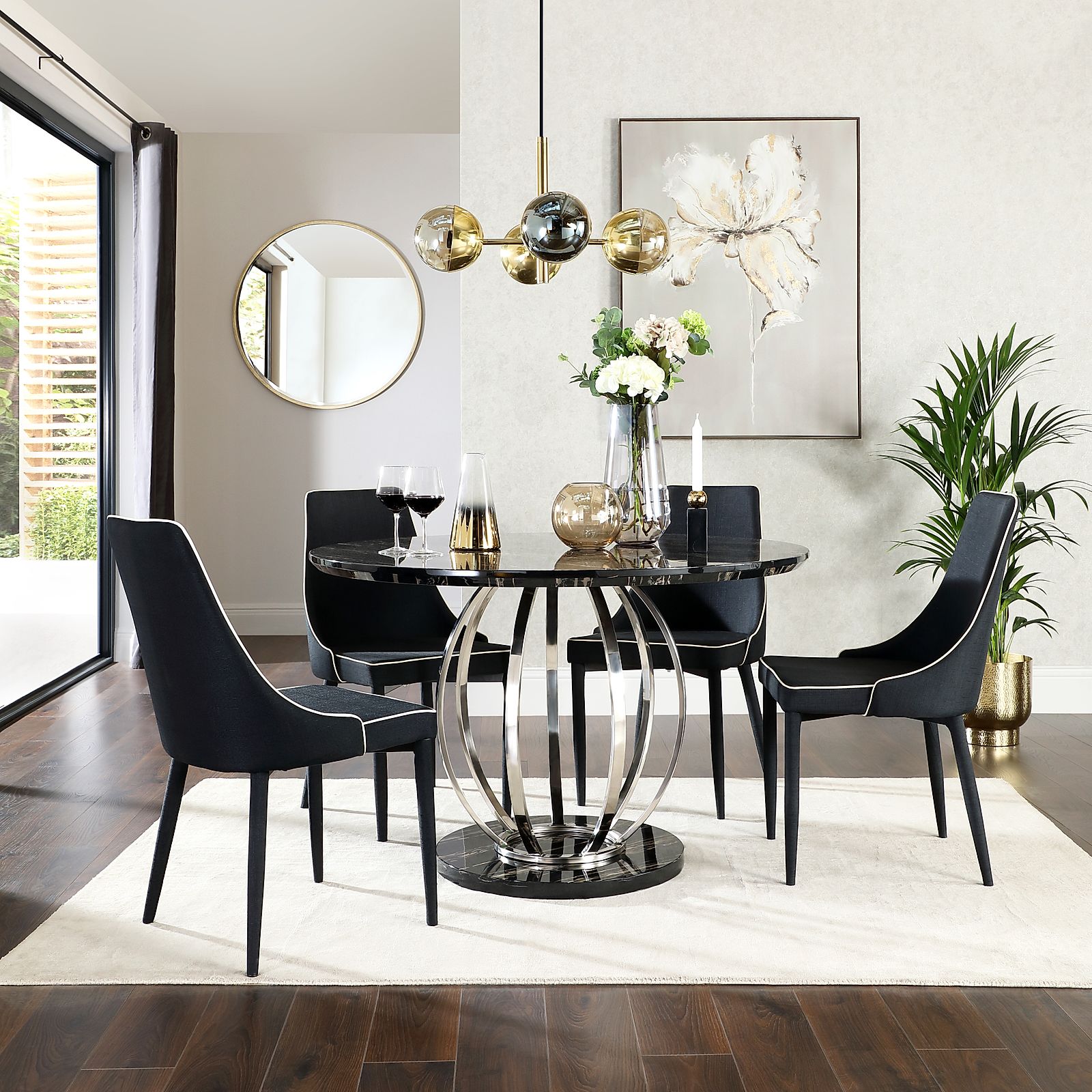 Savoy Round Black Marble and Chrome Dining Table with 4 Modena Black