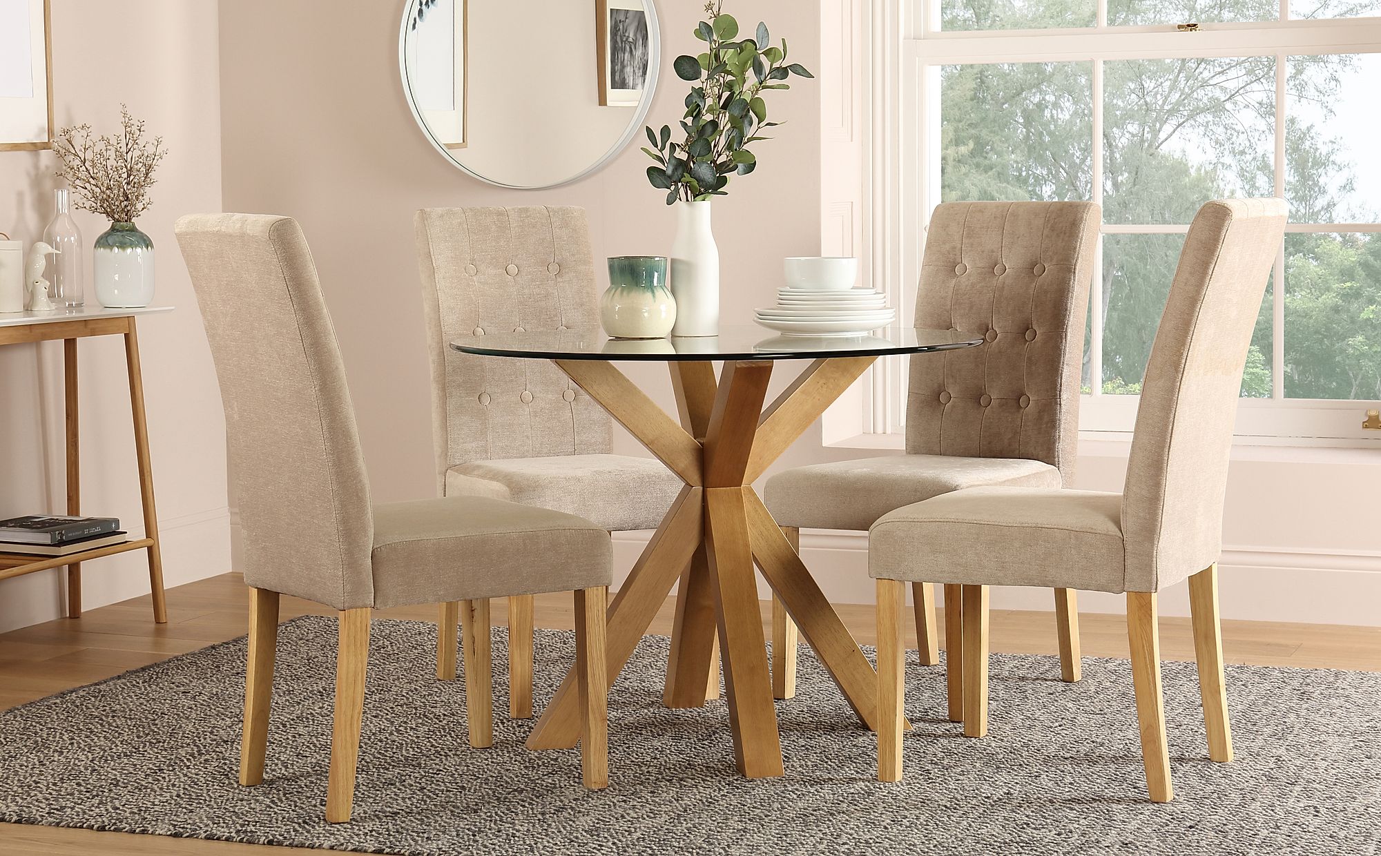 Hatton Round Oak and Glass Dining Table with 4 Regent Oatmeal Fabric ...