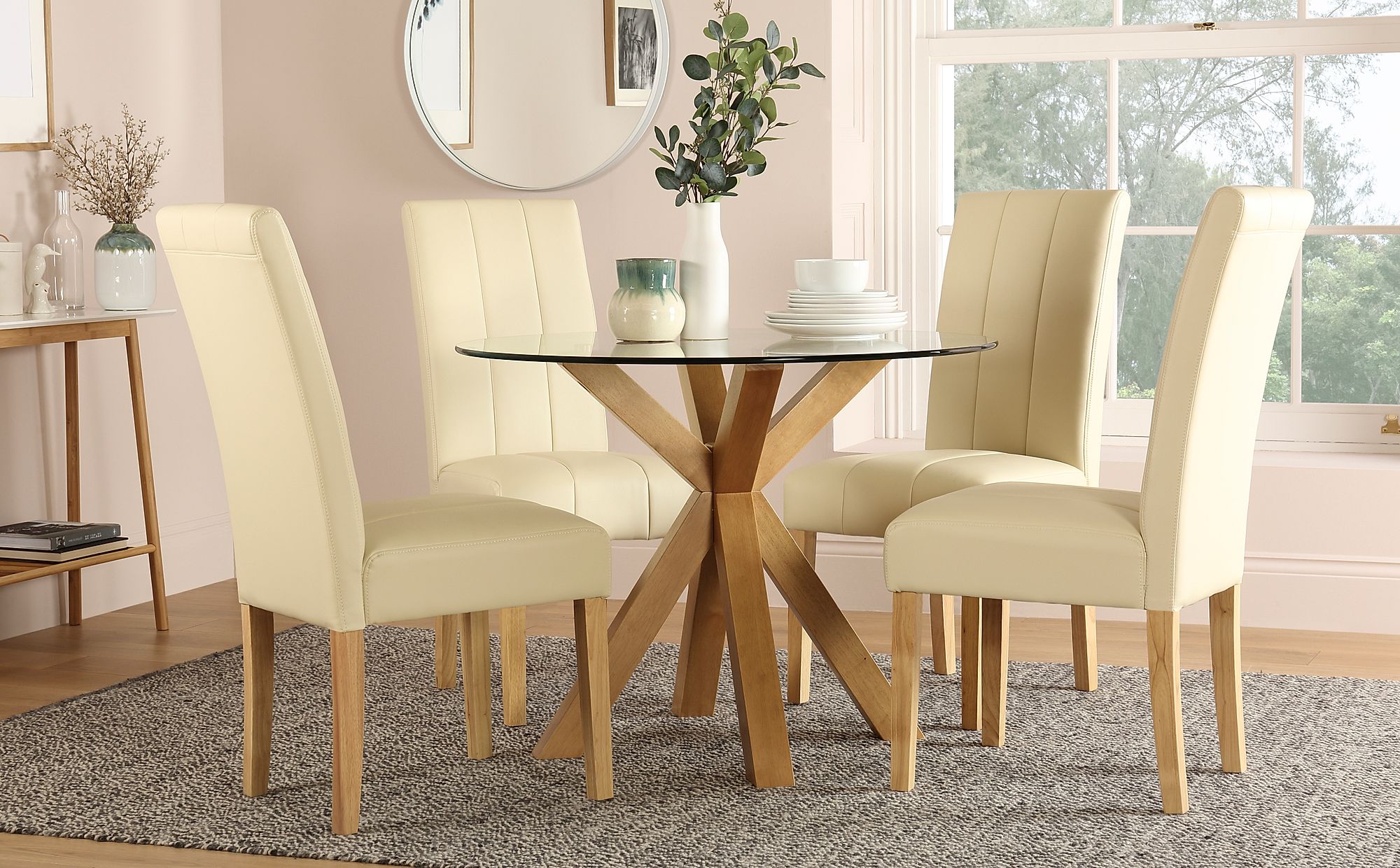 hatton round oak and glass dining table with 4 carrick