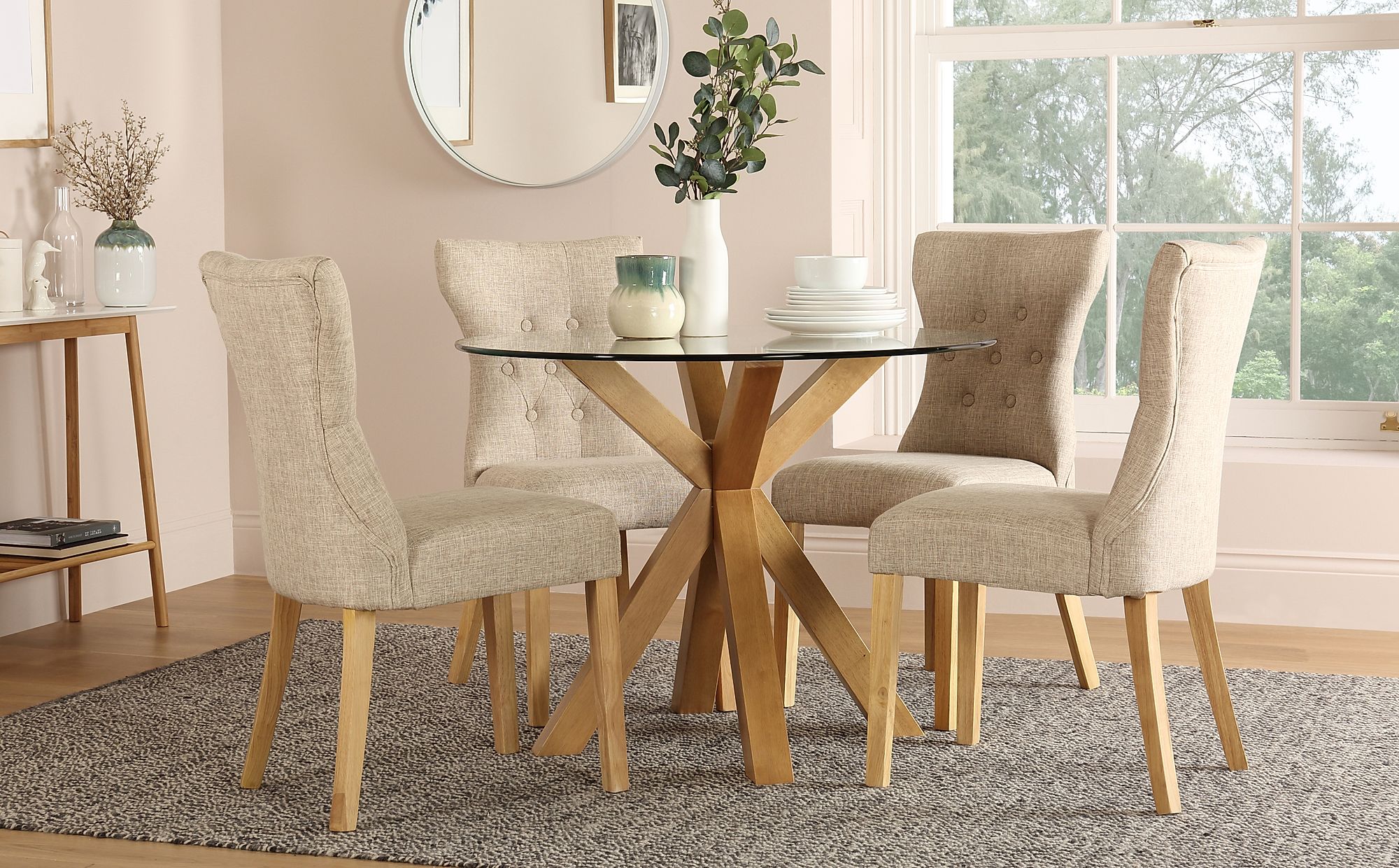 Hatton Round Oak and Glass Dining Table with 4 Bewley Oatmeal Fabric
