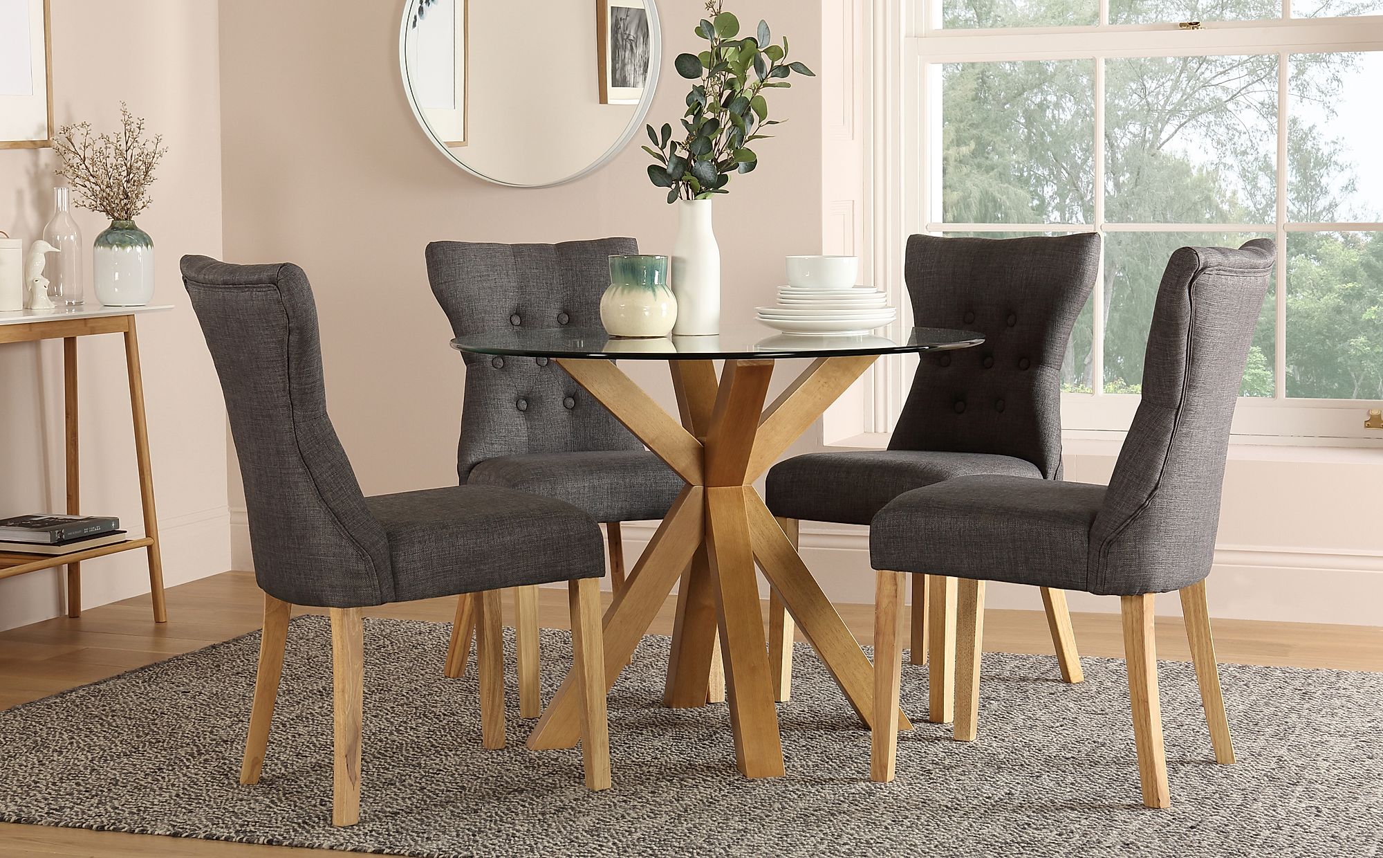 Hatton Round Oak and Glass Dining Table with 4 Bewley Slate Fabric