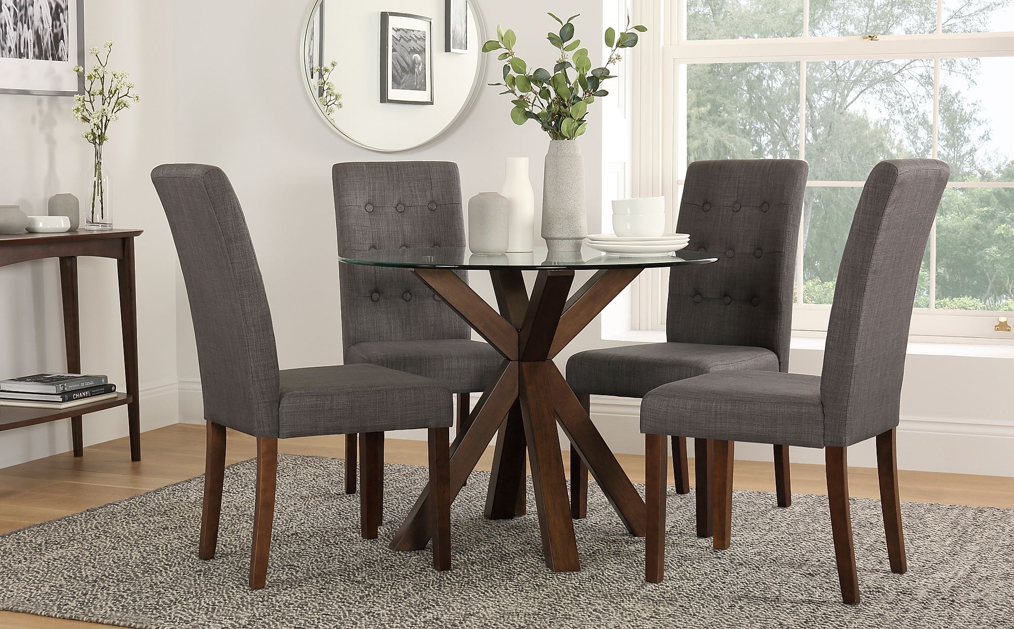 hatton round dark wood and glass dining table  with 4 regent slate fabric  chairs