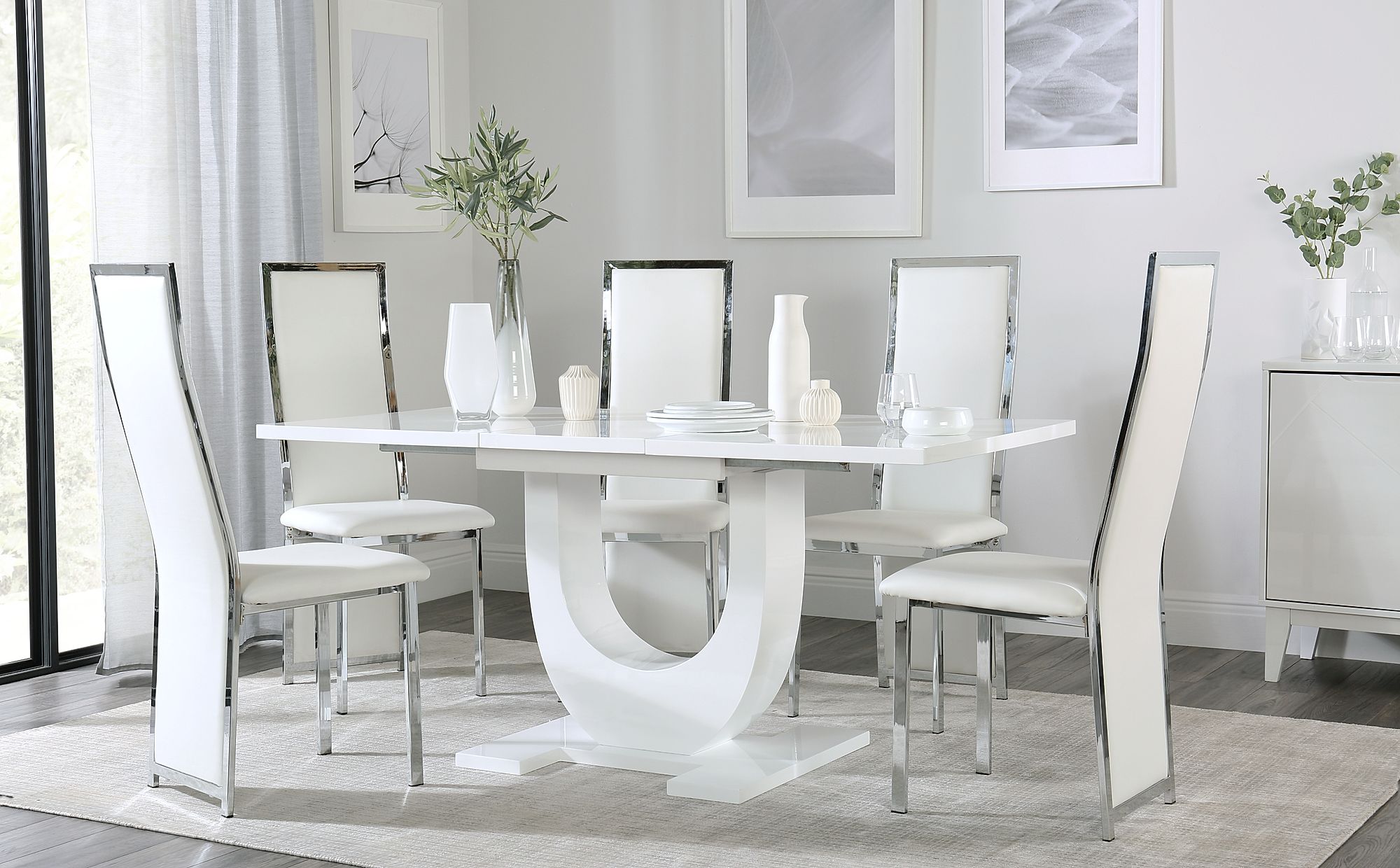 Oslo White High Gloss Extending Dining Table with 4 Celeste White