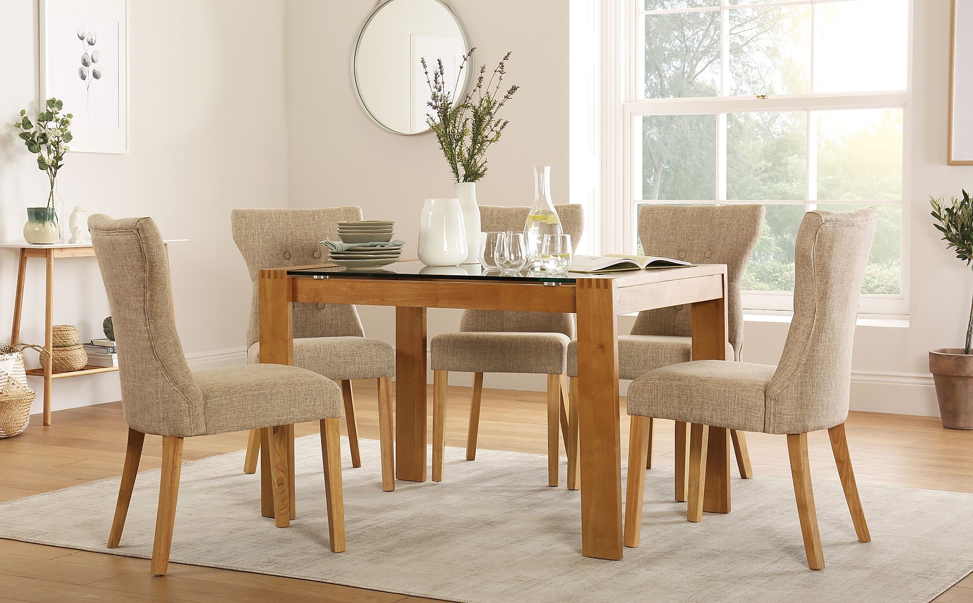 Tate 120cm Oak and Glass Dining Table with 4 Bewley Oatmeal Fabric