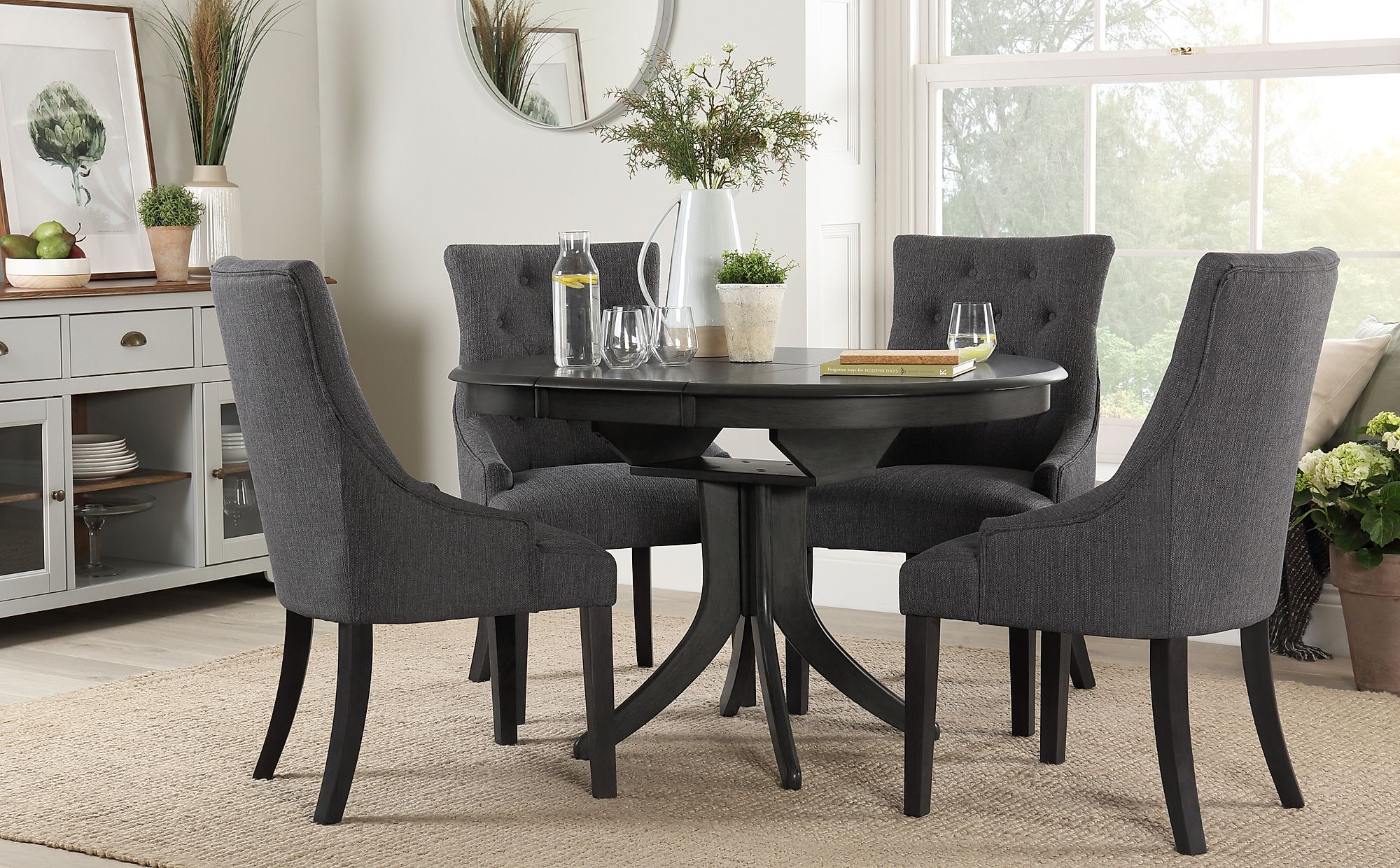 Hudson Round Grey Wood Extending Dining Table with 4 Duke Slate Fabric Chairs | Furniture Choice