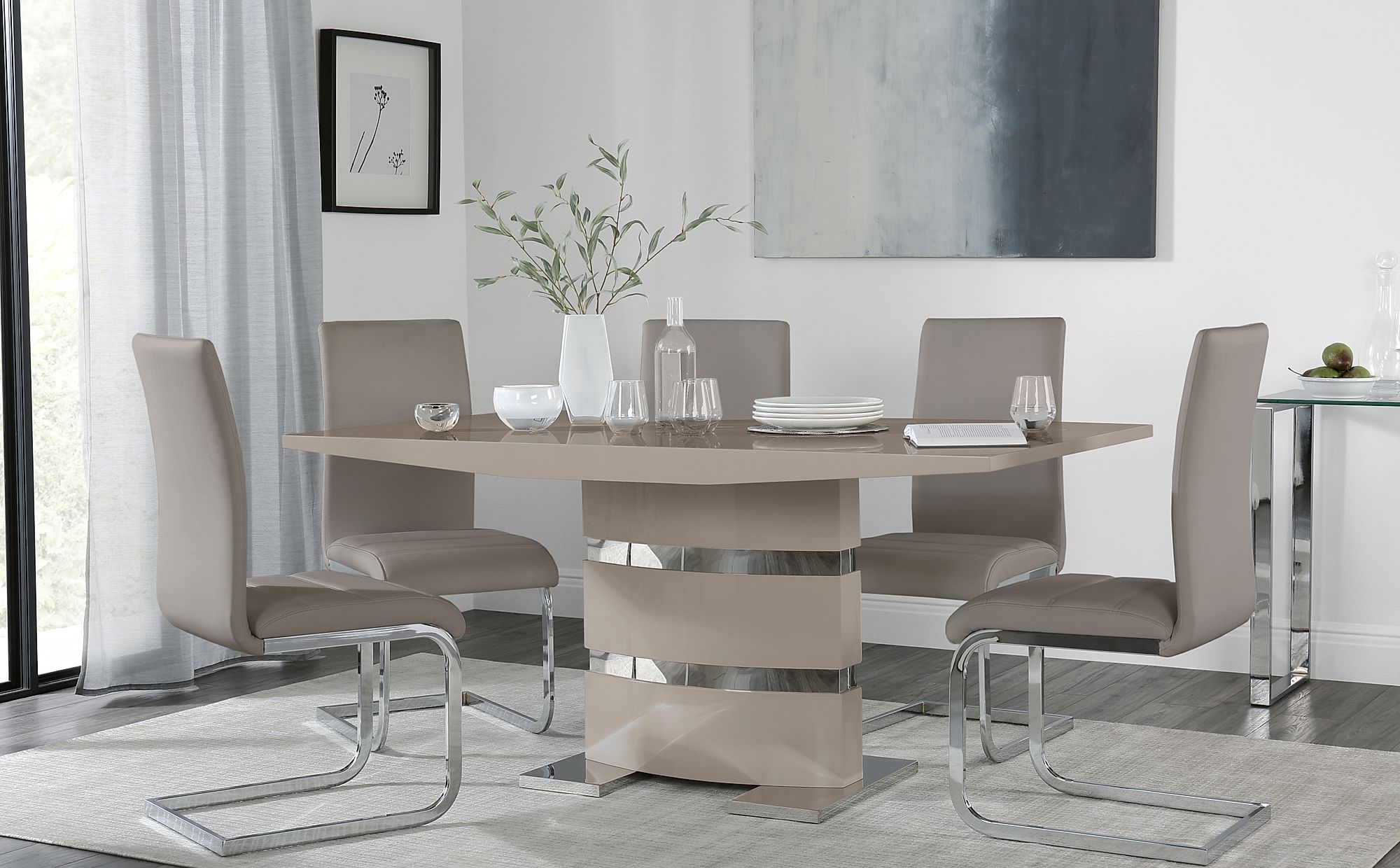 Komoro Taupe High Gloss Dining Table with 6 Perth Taupe Leather Chairs