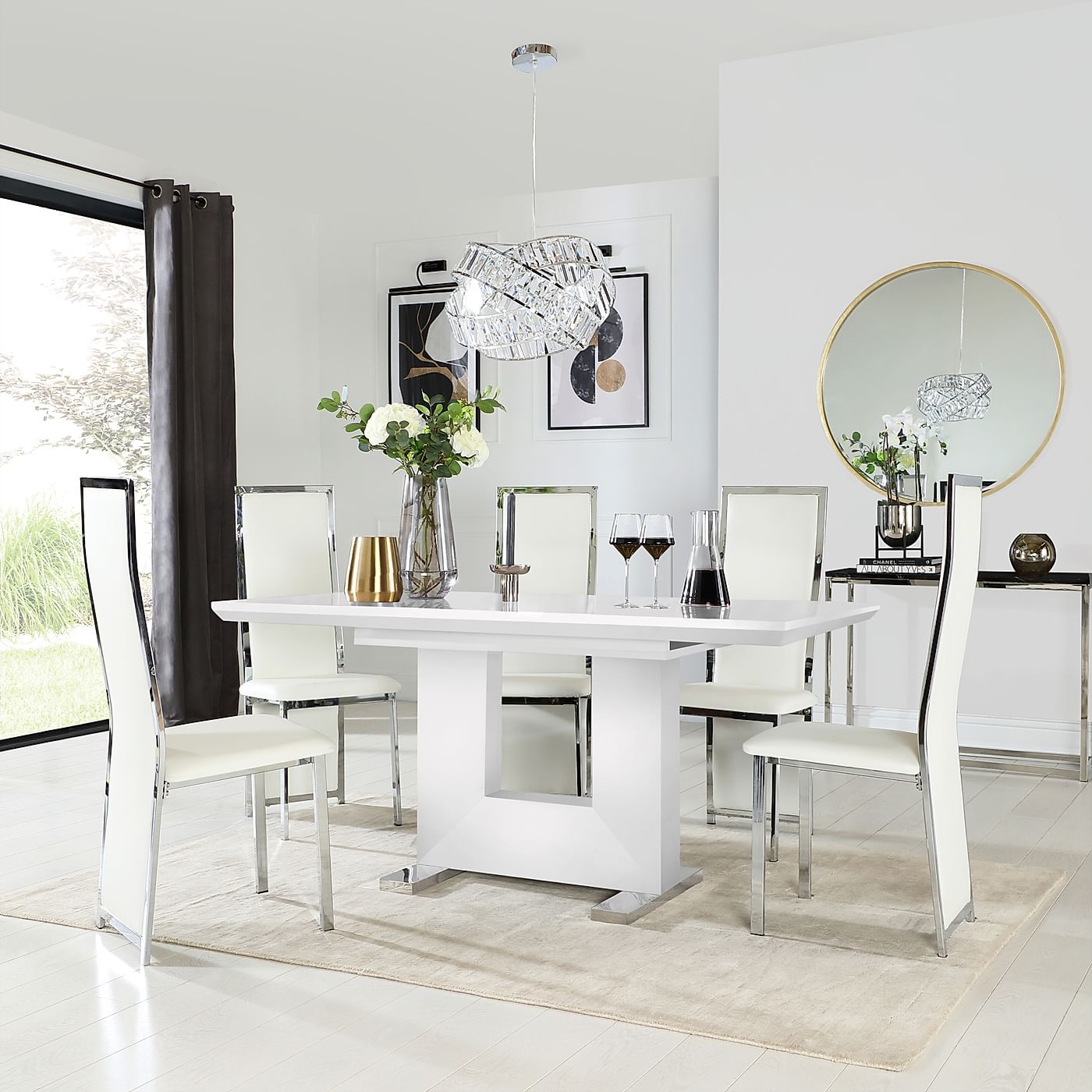 Florence White High Gloss Extending Dining Table with 4 Celeste White