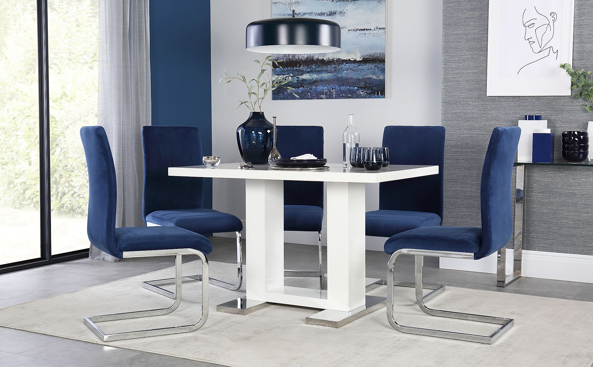 Joule White High Gloss Dining Table With 4 Perth Blue Velvet