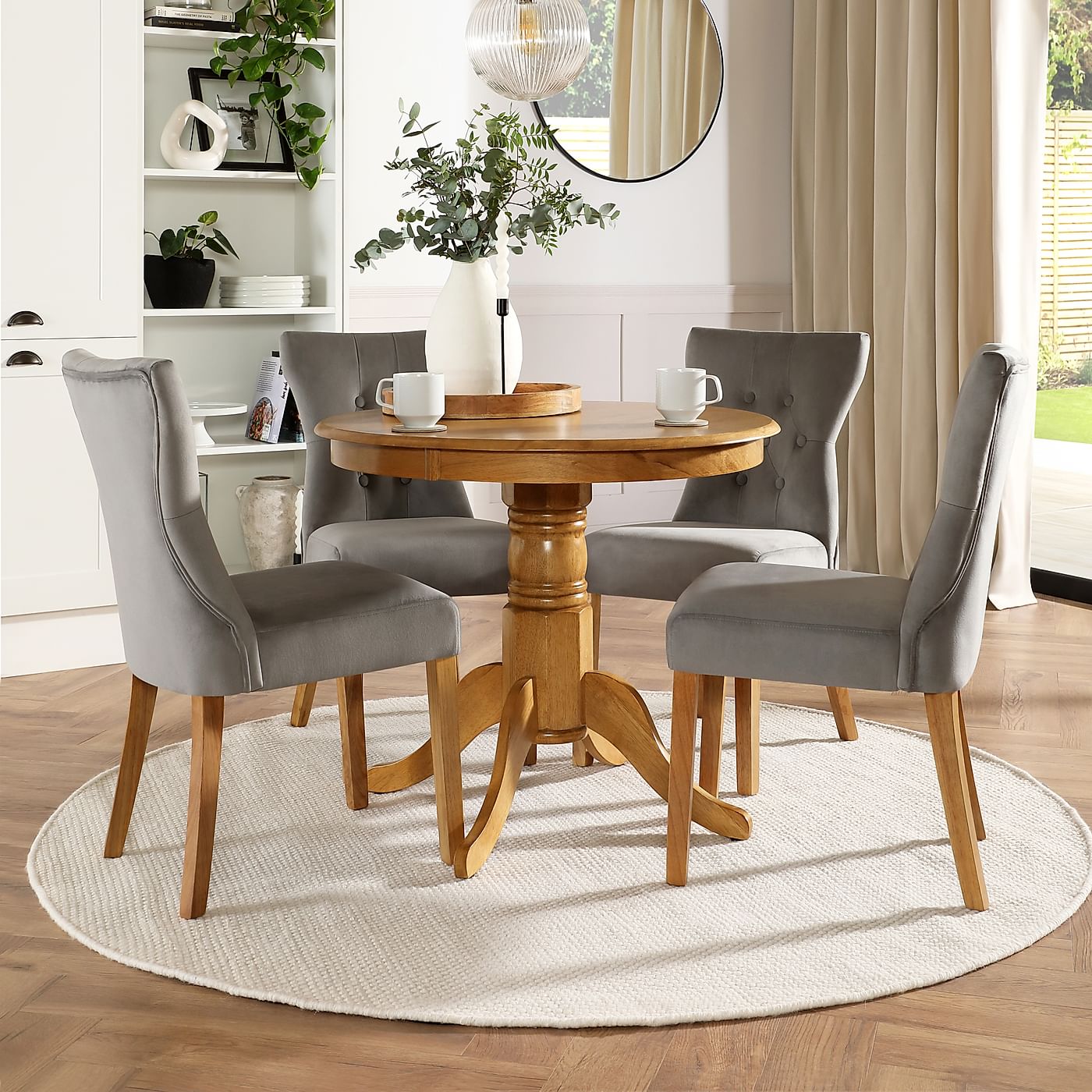 Kingston Round Oak Dining Table with 4 Bewley Grey Velvet Chairs | Furniture Choice