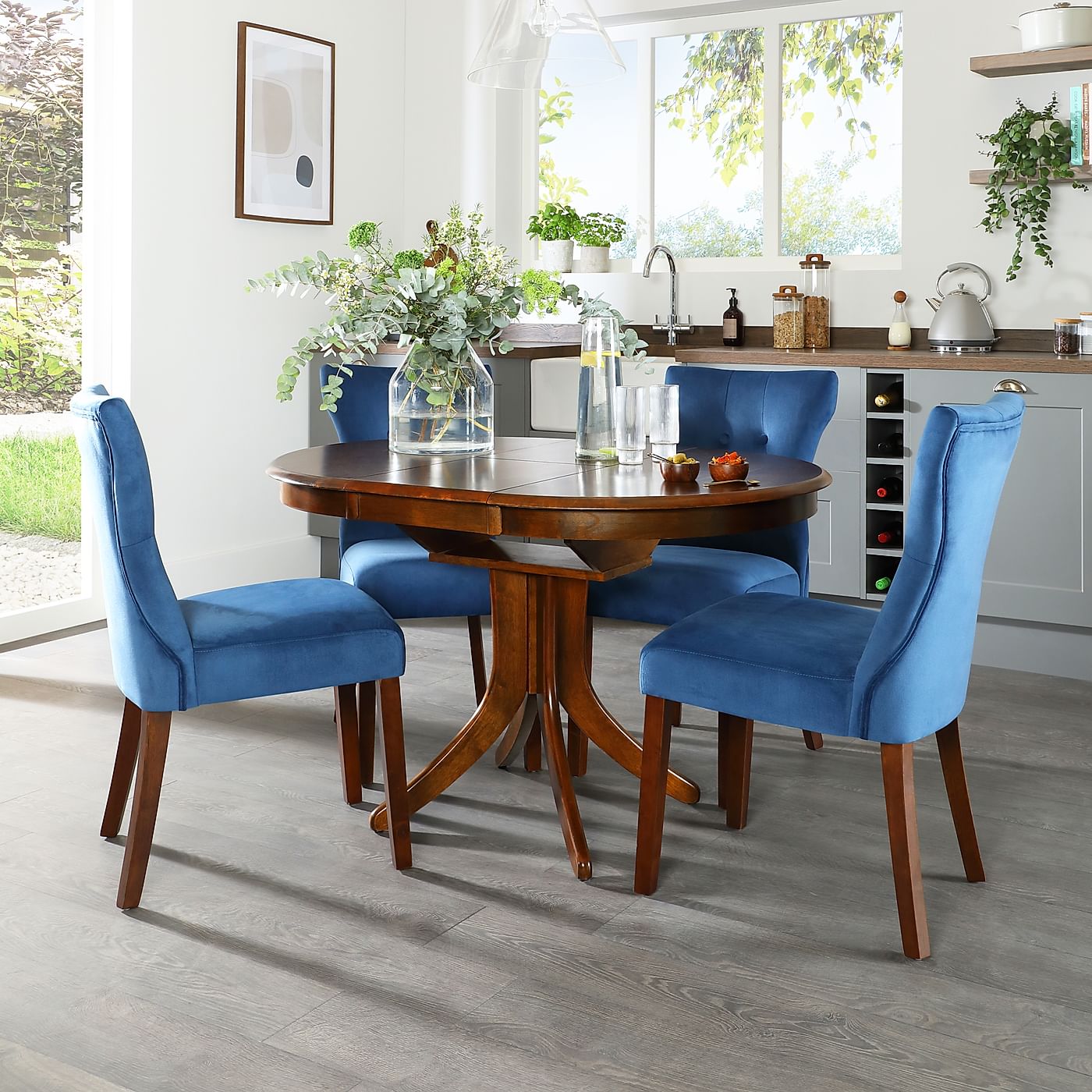 Hudson Round Dark Wood Extending Dining Table With 6 Bewley Blue Velvet Chairs Furniture Choice