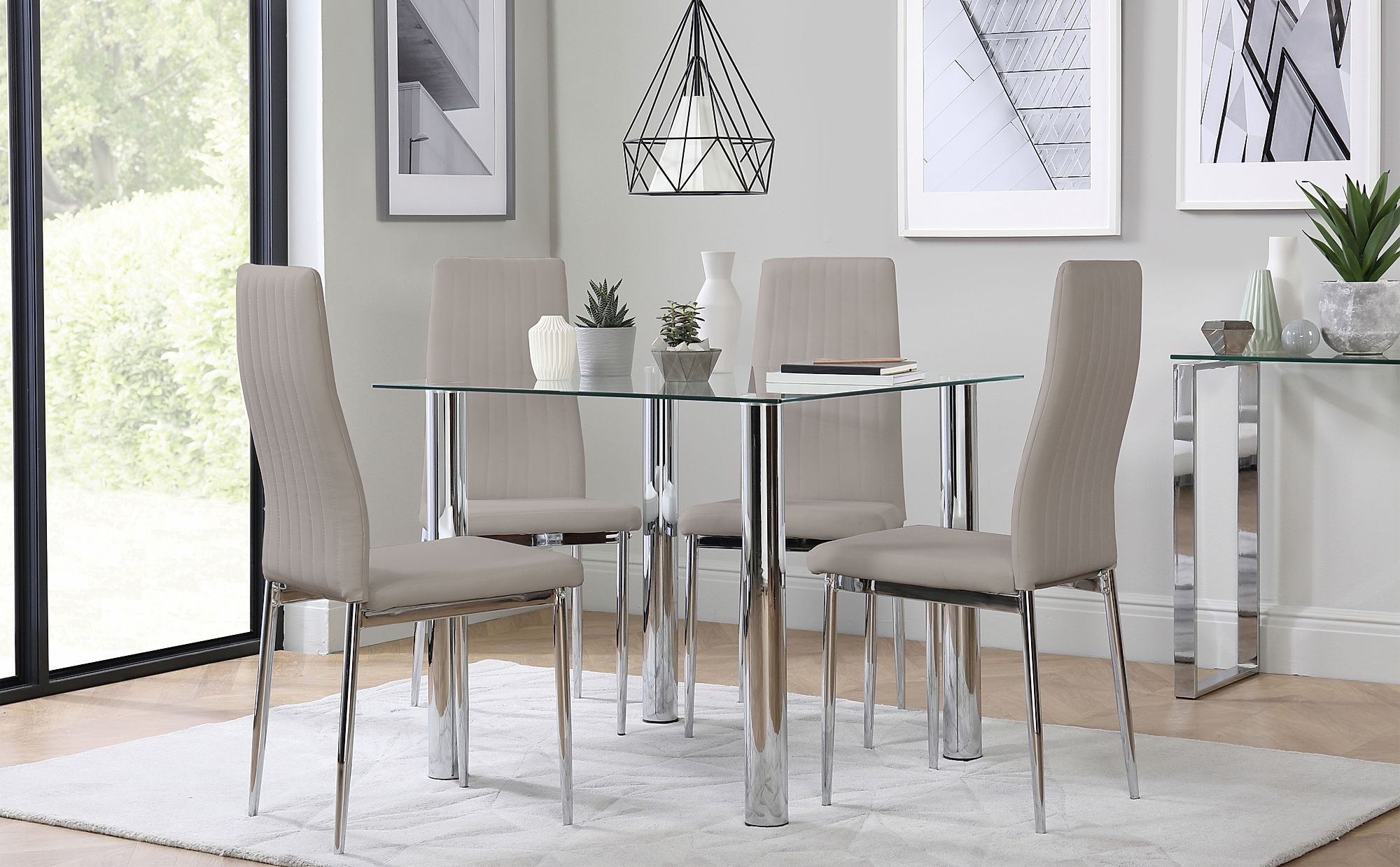 Nova Square Glass and Chrome Dining Table with 4 Leon Taupe Leather