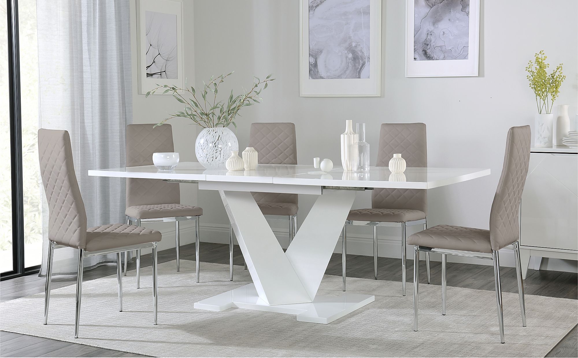 Turin White High Gloss Extending Dining Table with 6 Renzo 